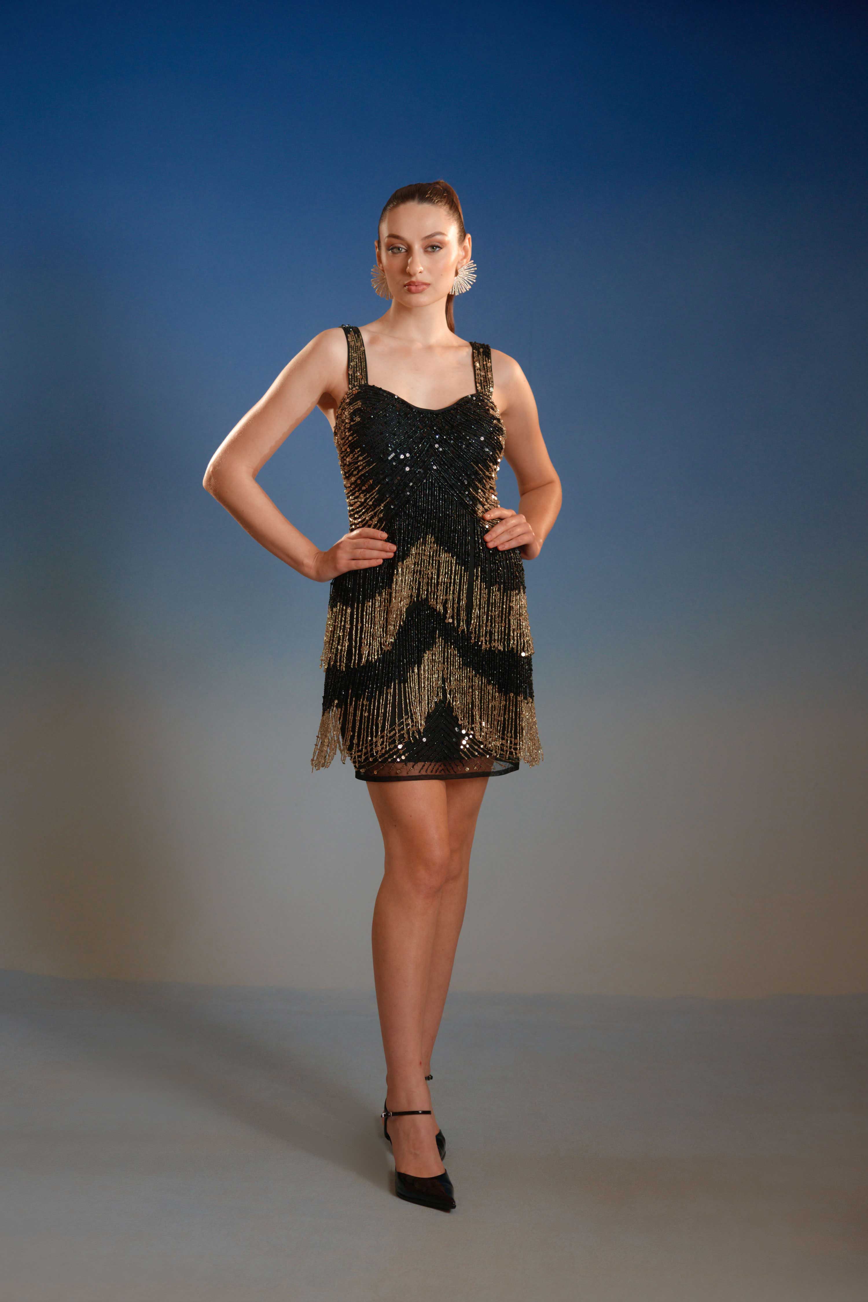 Black Gold Scallop Chain Mini Dress