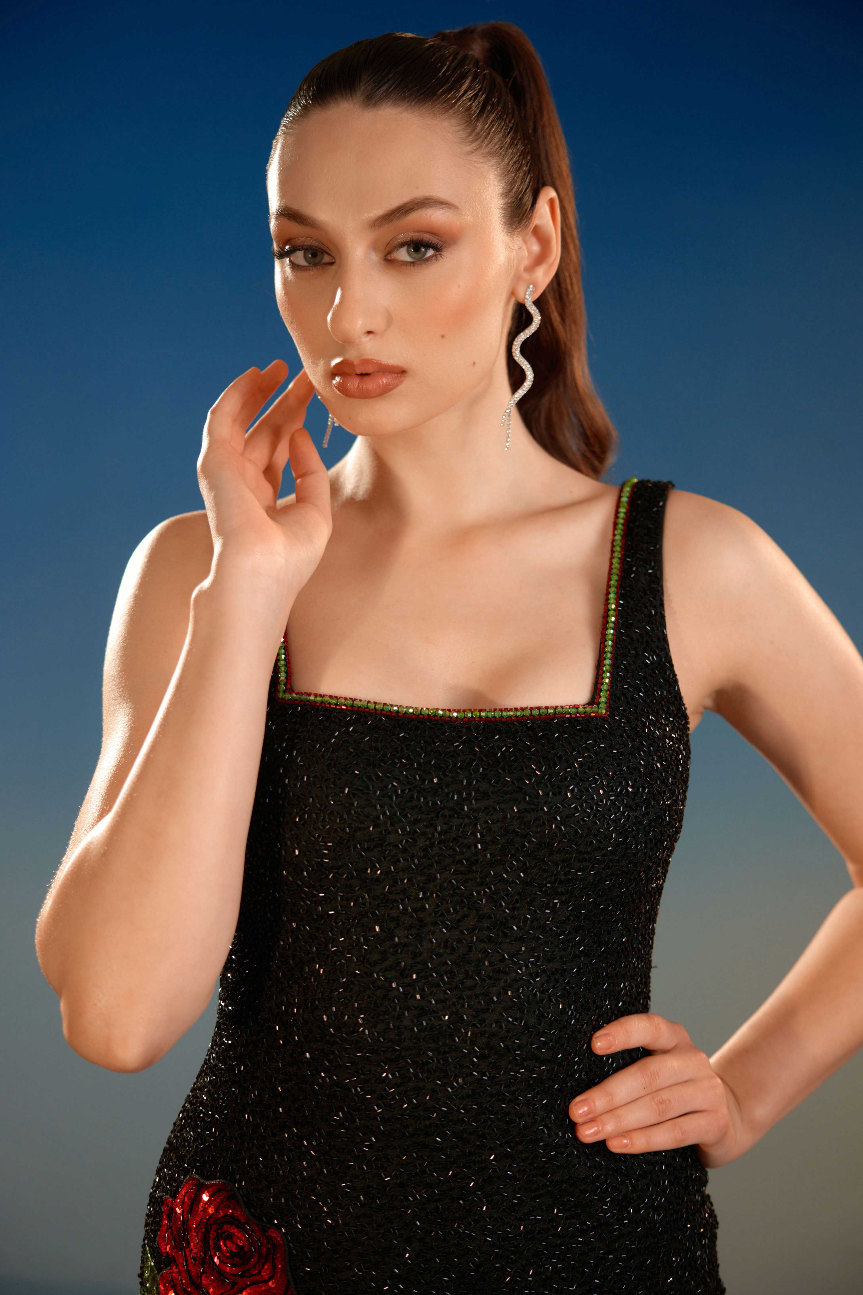 Black Floral Sequin Mini Dress