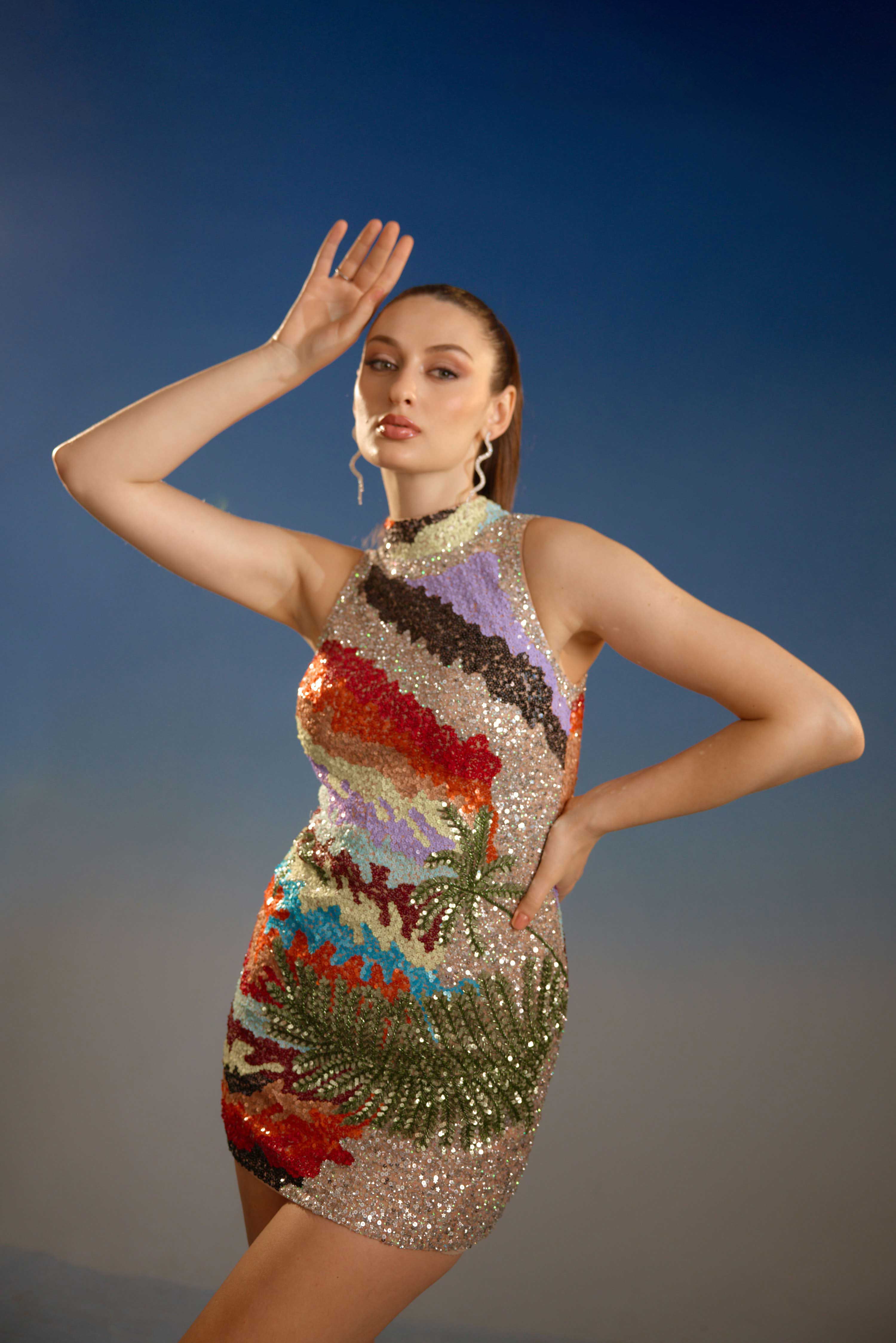 Multicolour Sequin Halter Neck Mini Dress