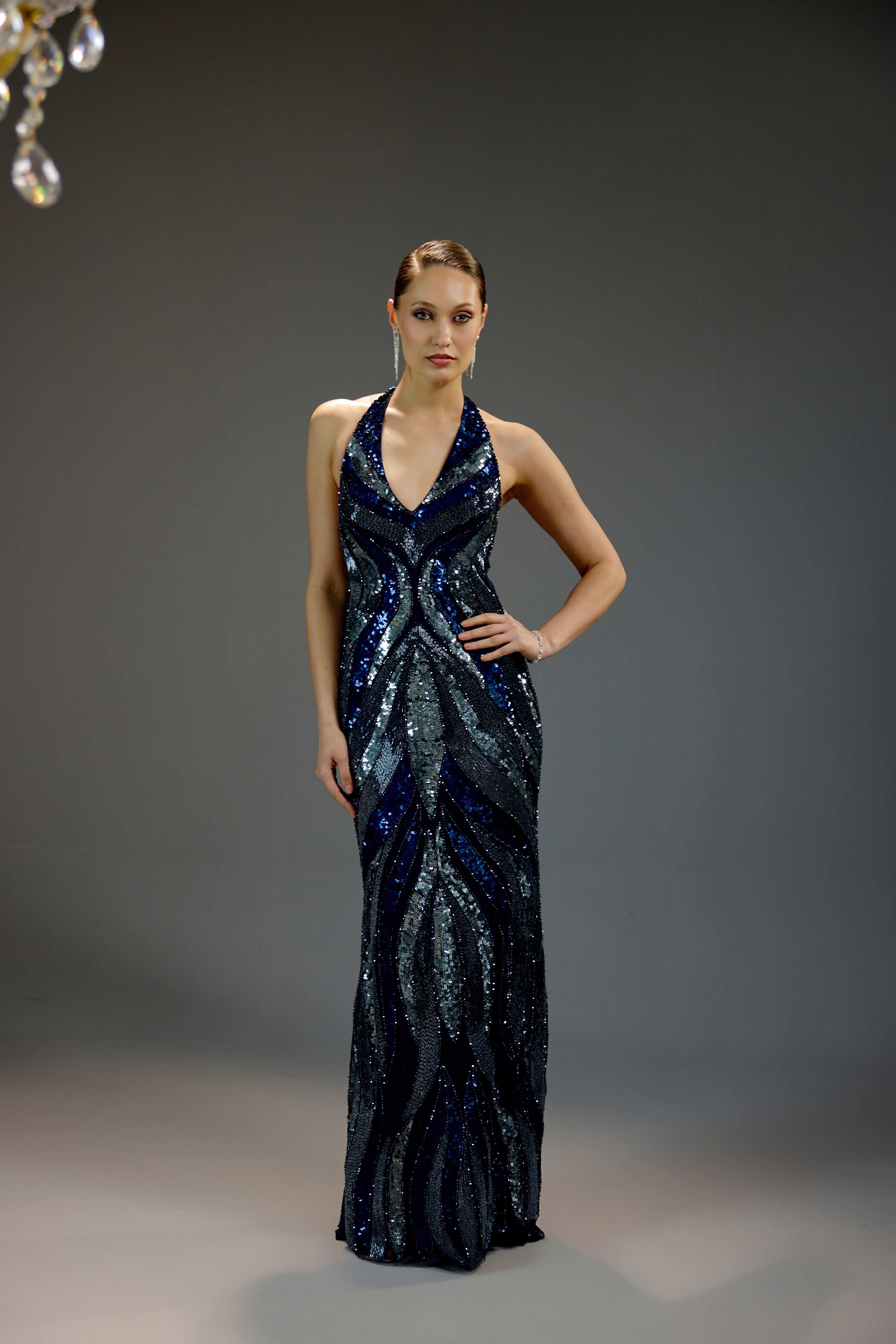 Midnight Blue Deep V Halter Sequin Maxi Dress