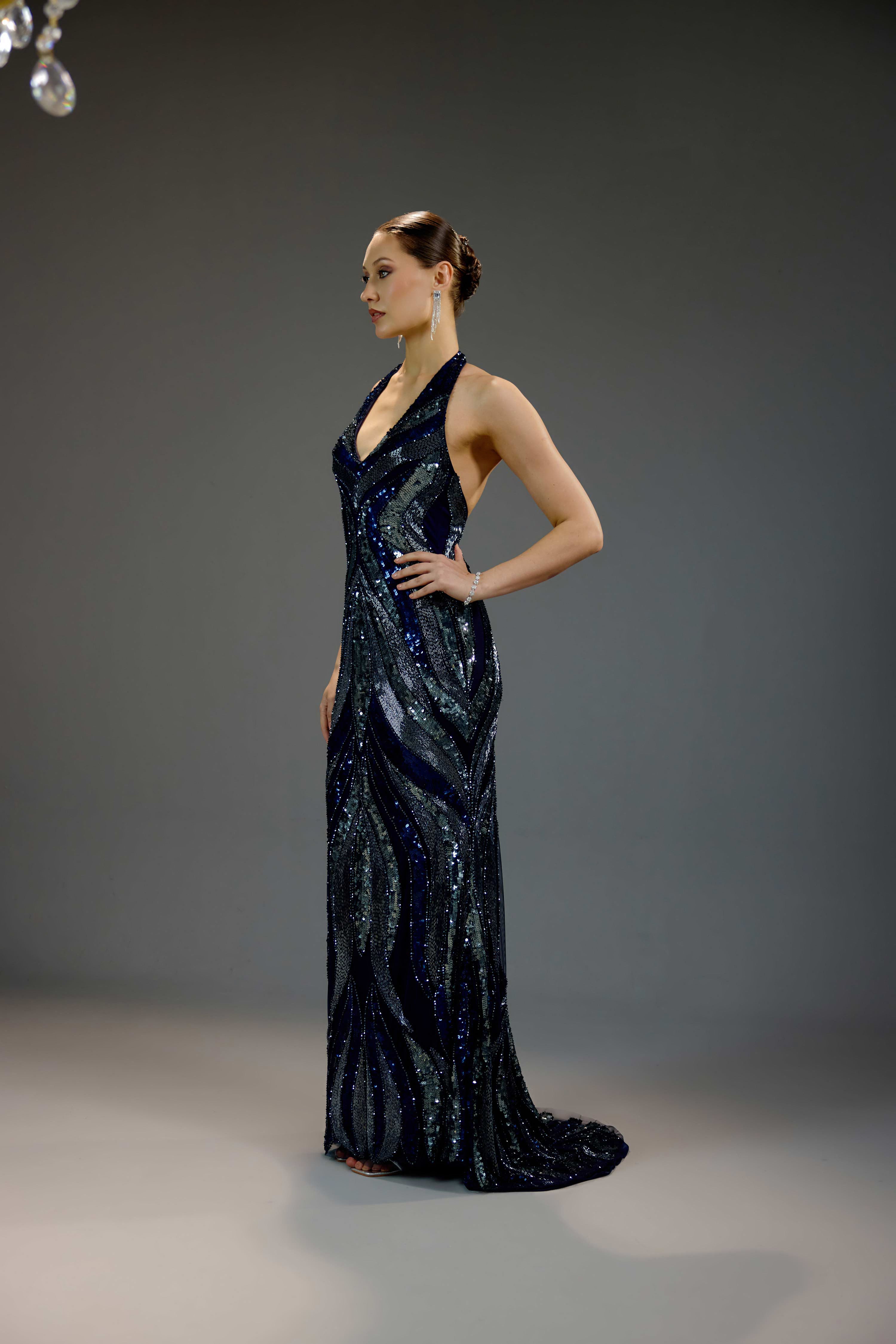Midnight Blue Deep V Halter Sequin Maxi Dress
