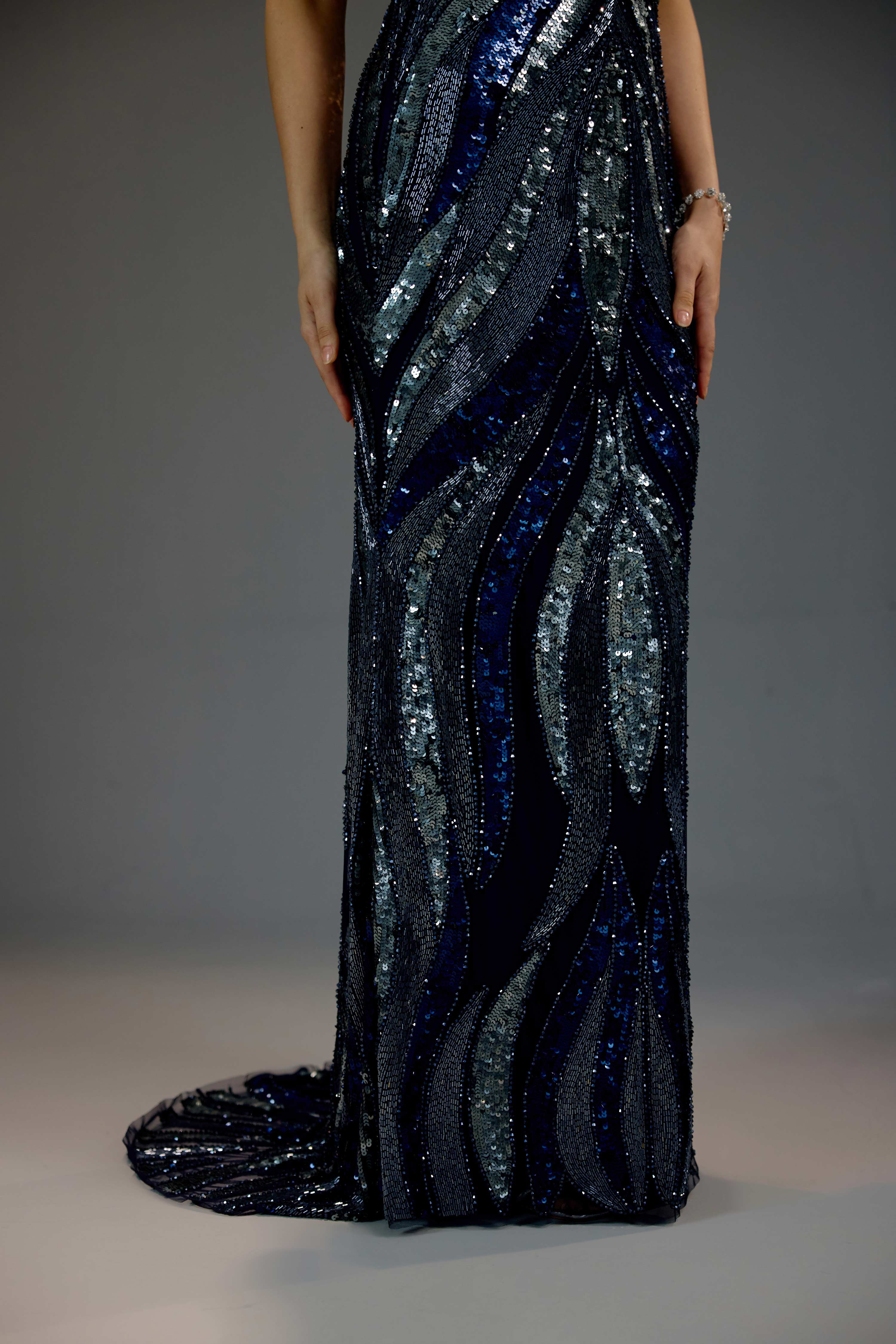 Midnight Blue Deep V Halter Sequin Maxi Dress