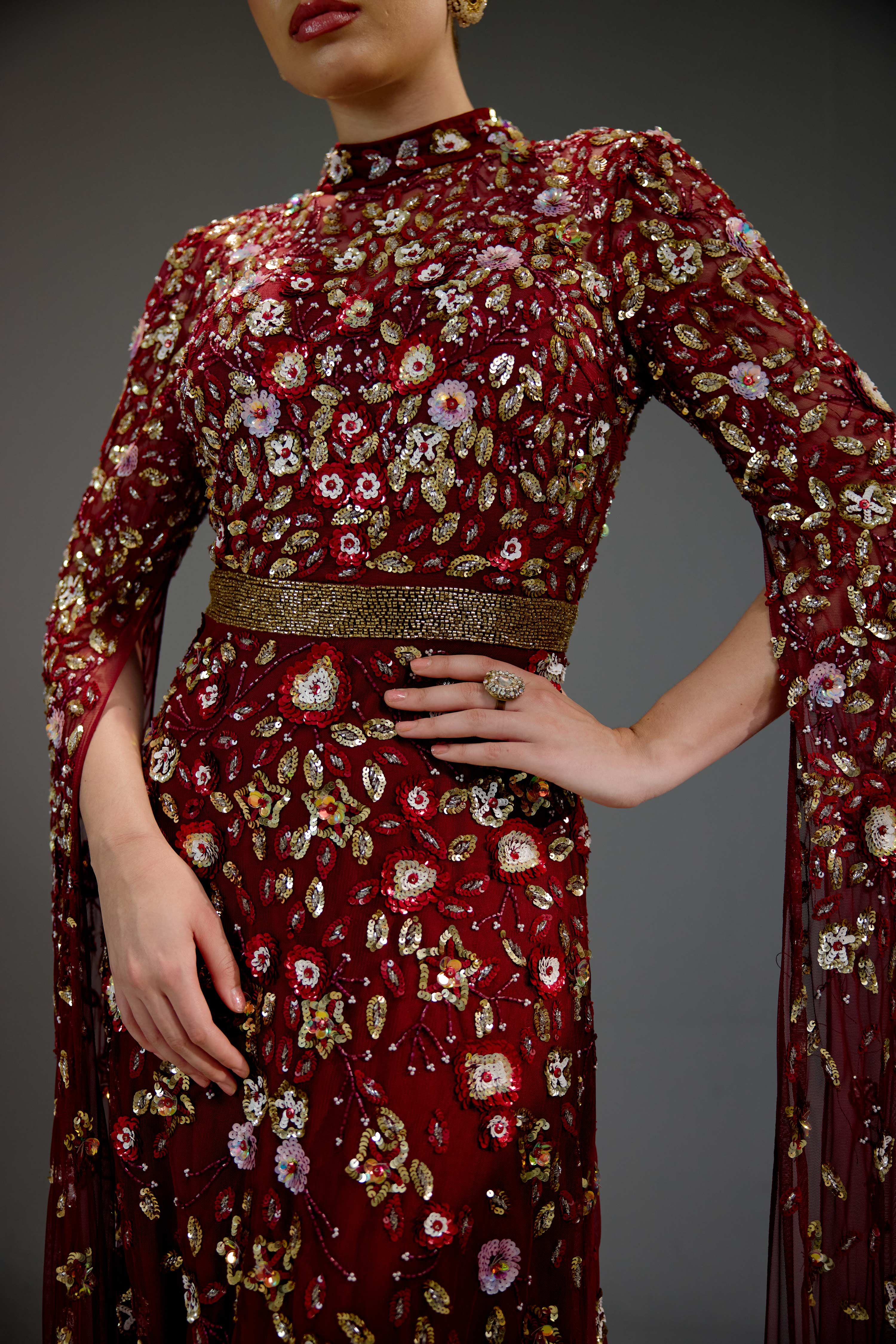 Red Floral Sequin Maxi Dress