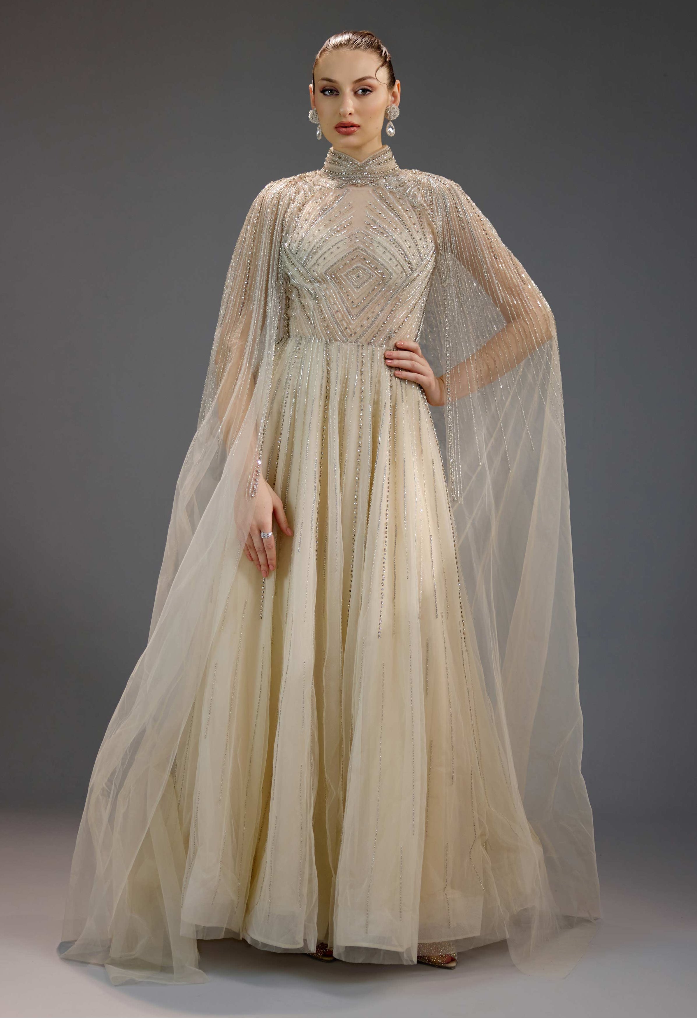 Ivory Pearl Chain Draped High Neck Maxi Dress