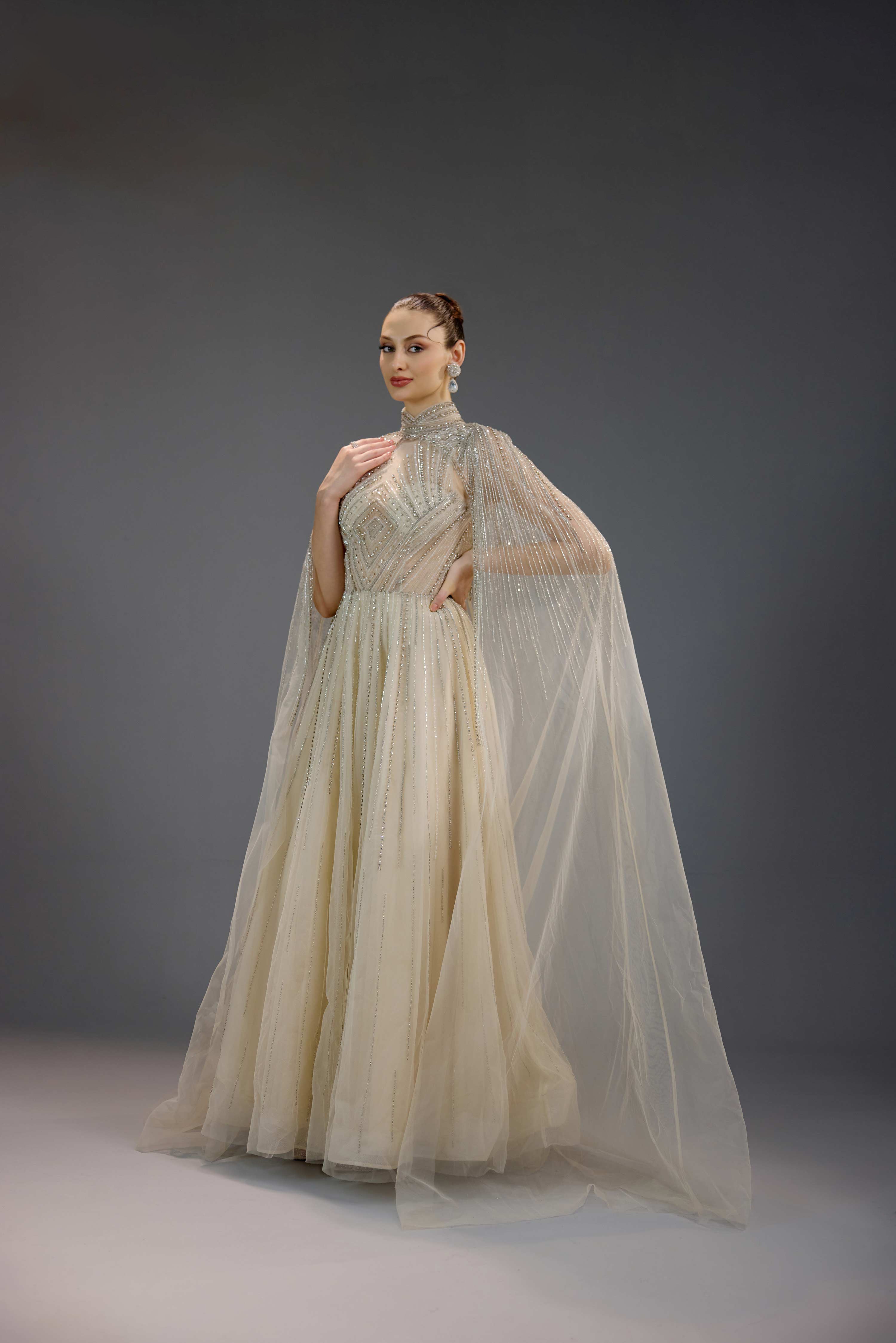 Ivory Pearl Chain Draped High Neck Maxi Dress
