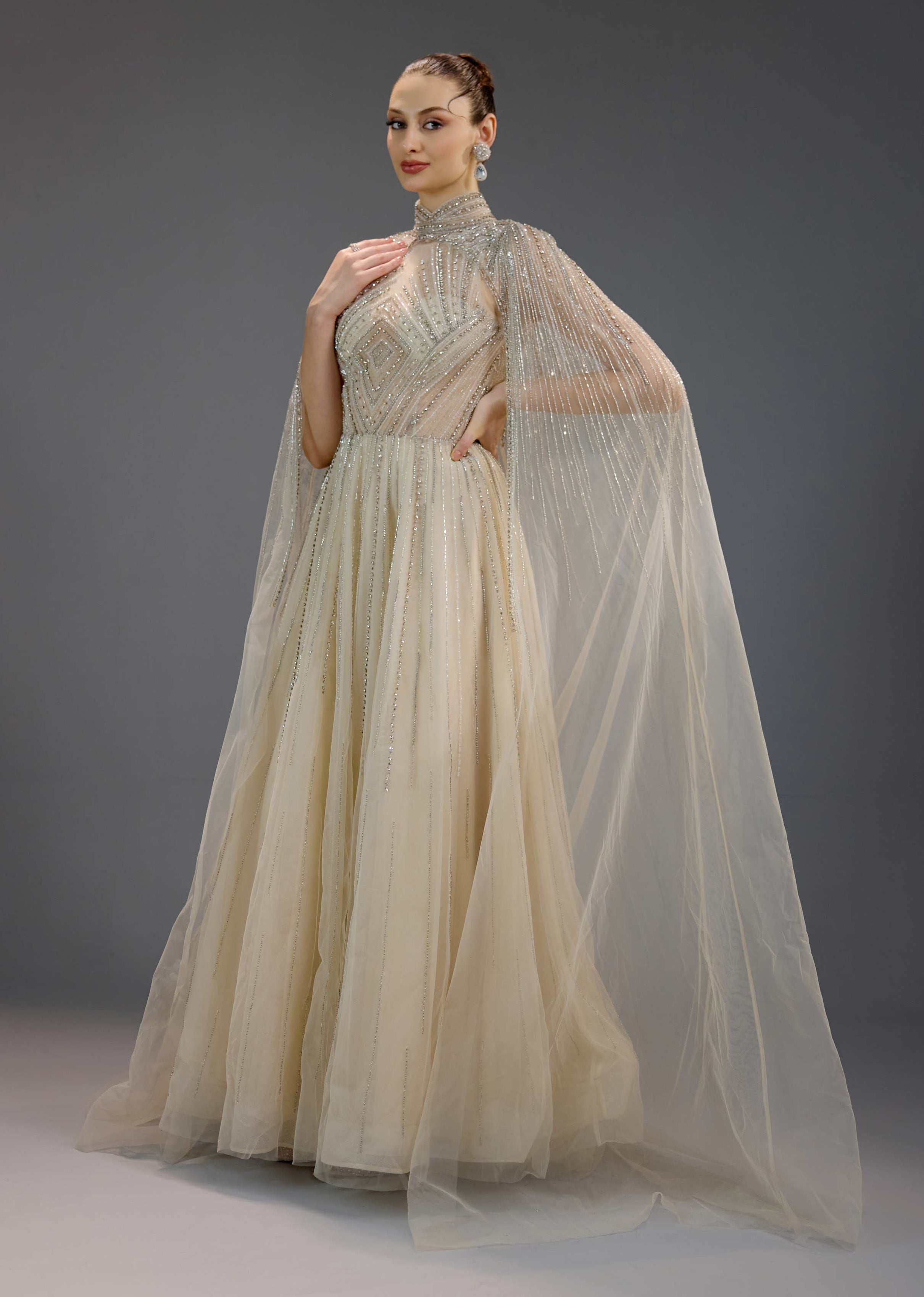 Ivory Pearl Chain Draped High Neck Maxi Dress