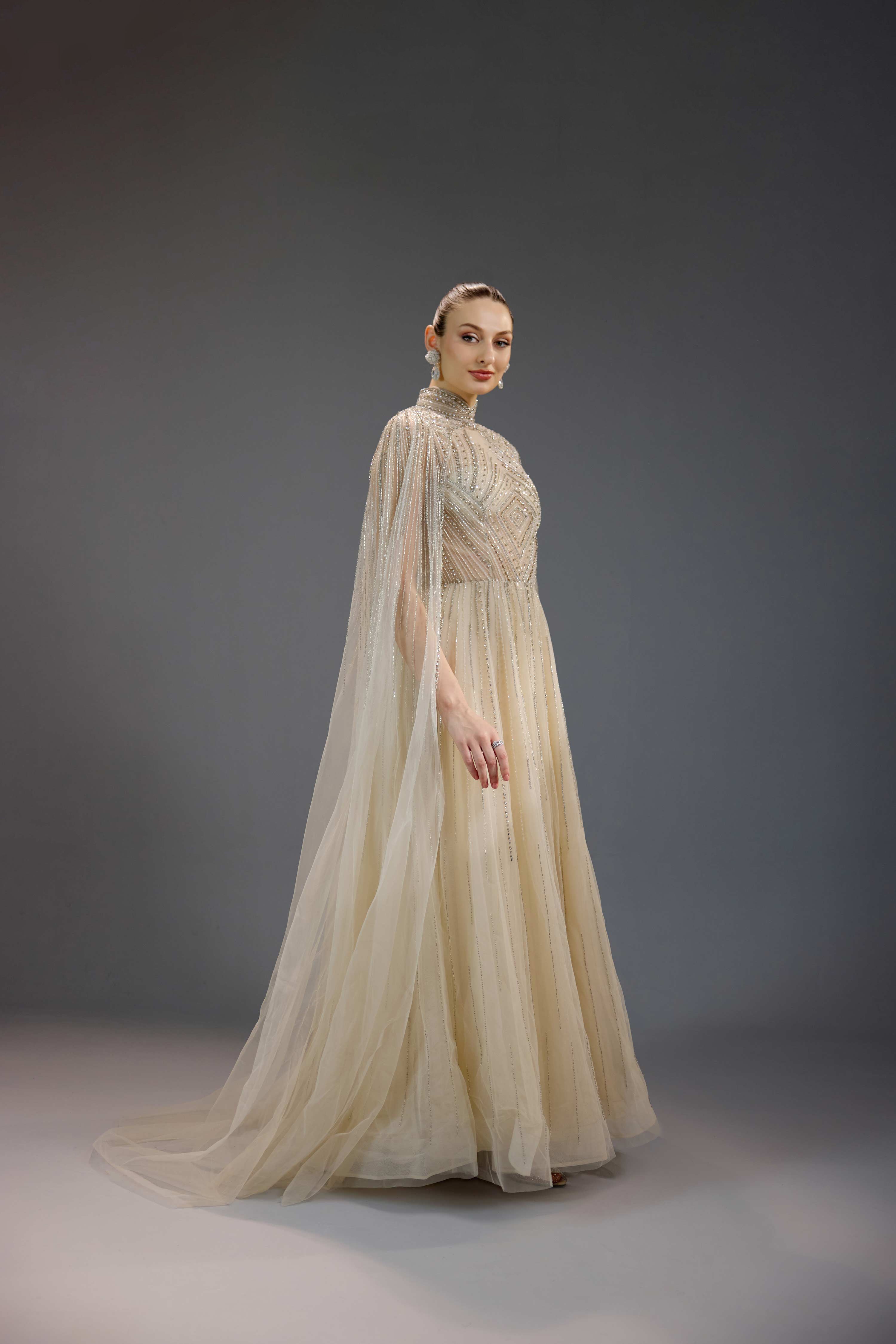 Ivory Pearl Chain Draped High Neck Maxi Dress
