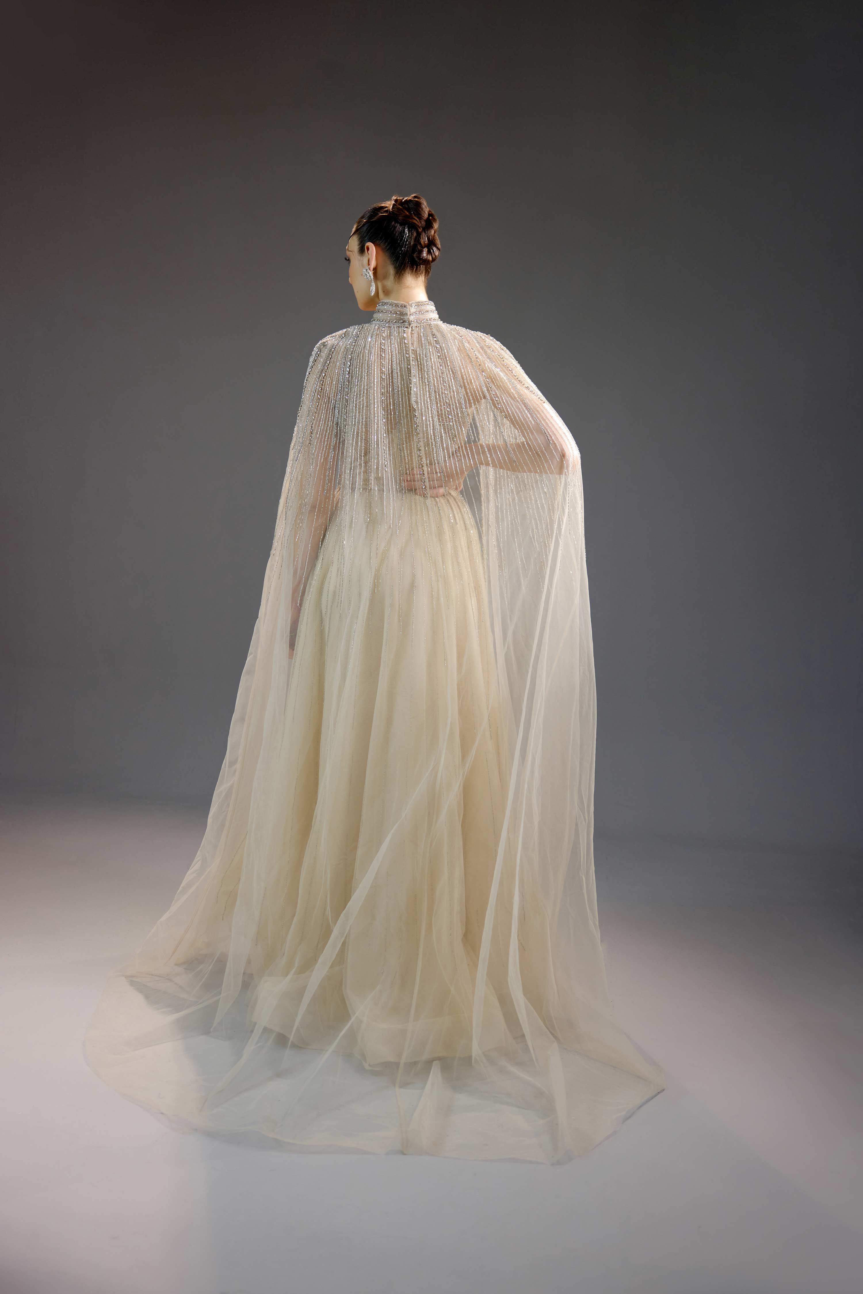 Ivory Pearl Chain Draped High Neck Maxi Dress