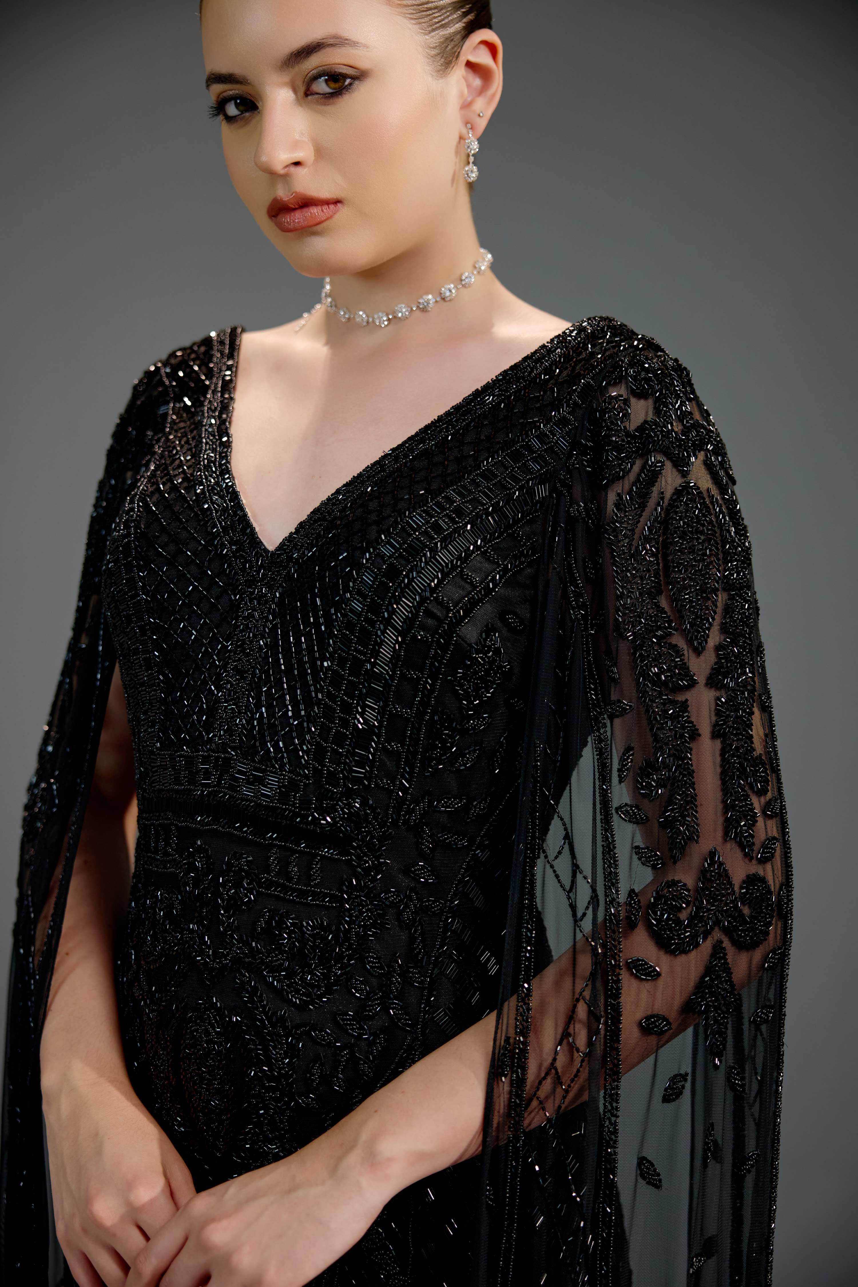 Black V-Neck Cape Sequin Maxi Dress
