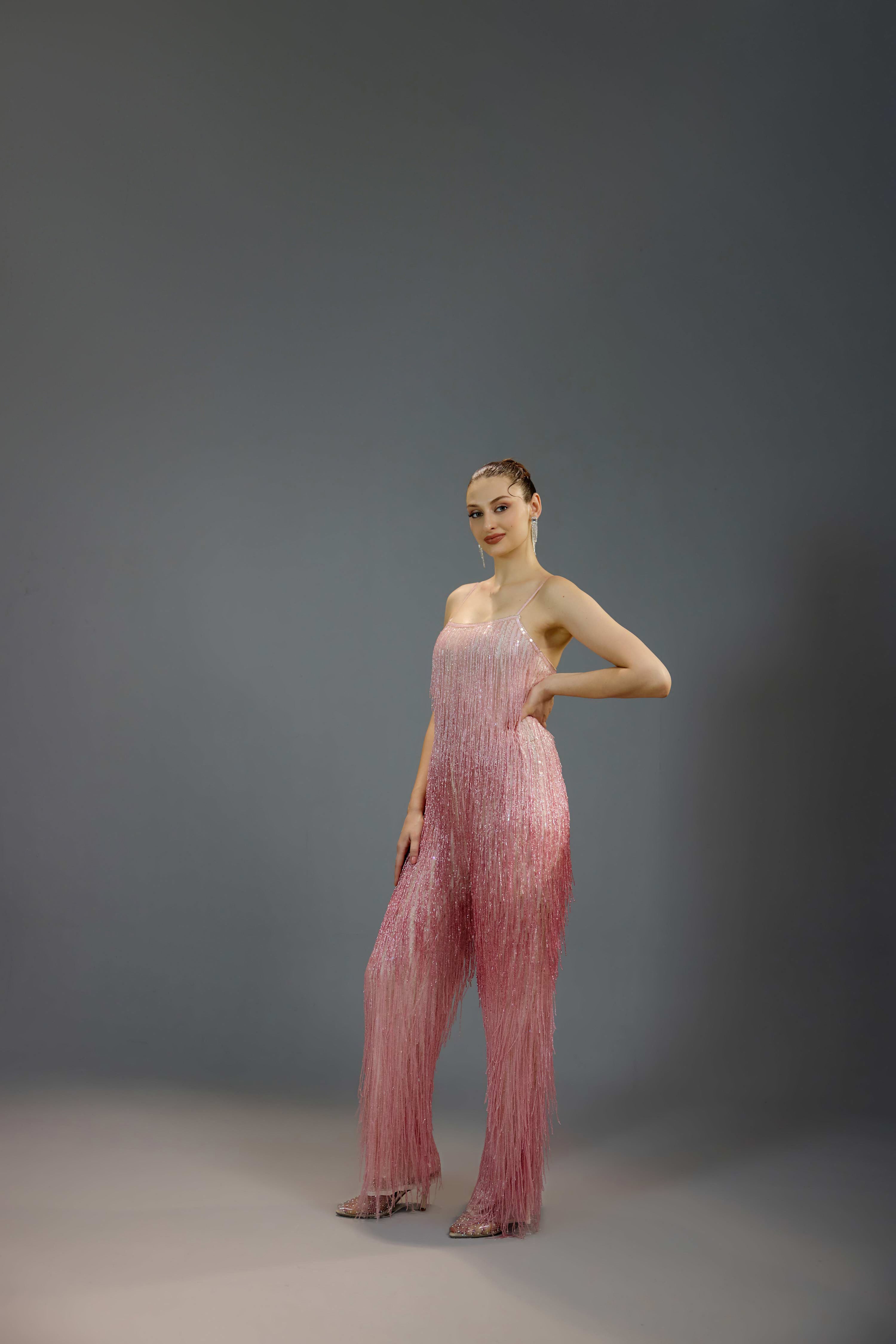 Blush Shimmer Fringe Jumpsuit