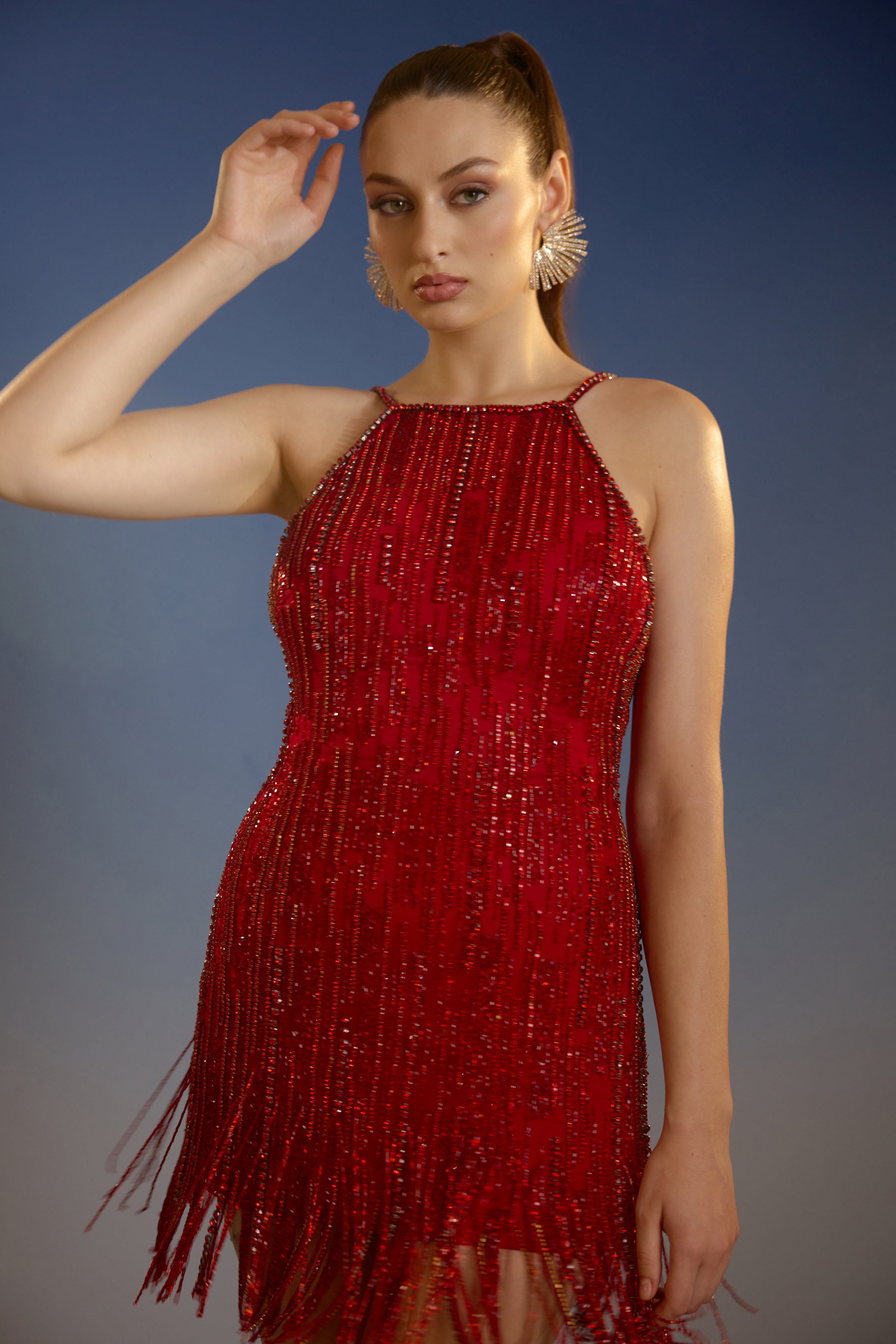 Red Halter Neck Sequin Mini Dress