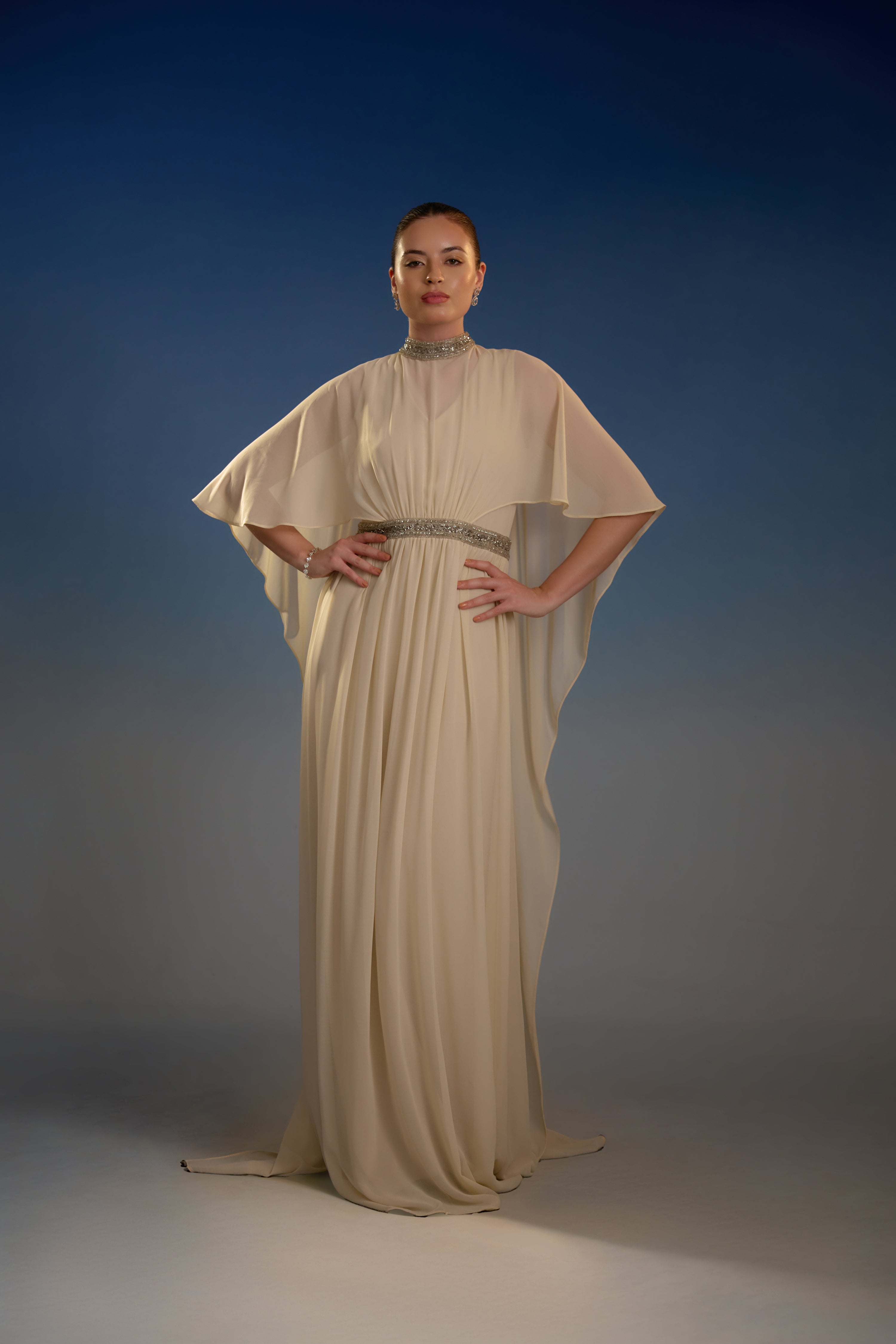 Ivory Embellished Cape Sleeve Maxi Dress