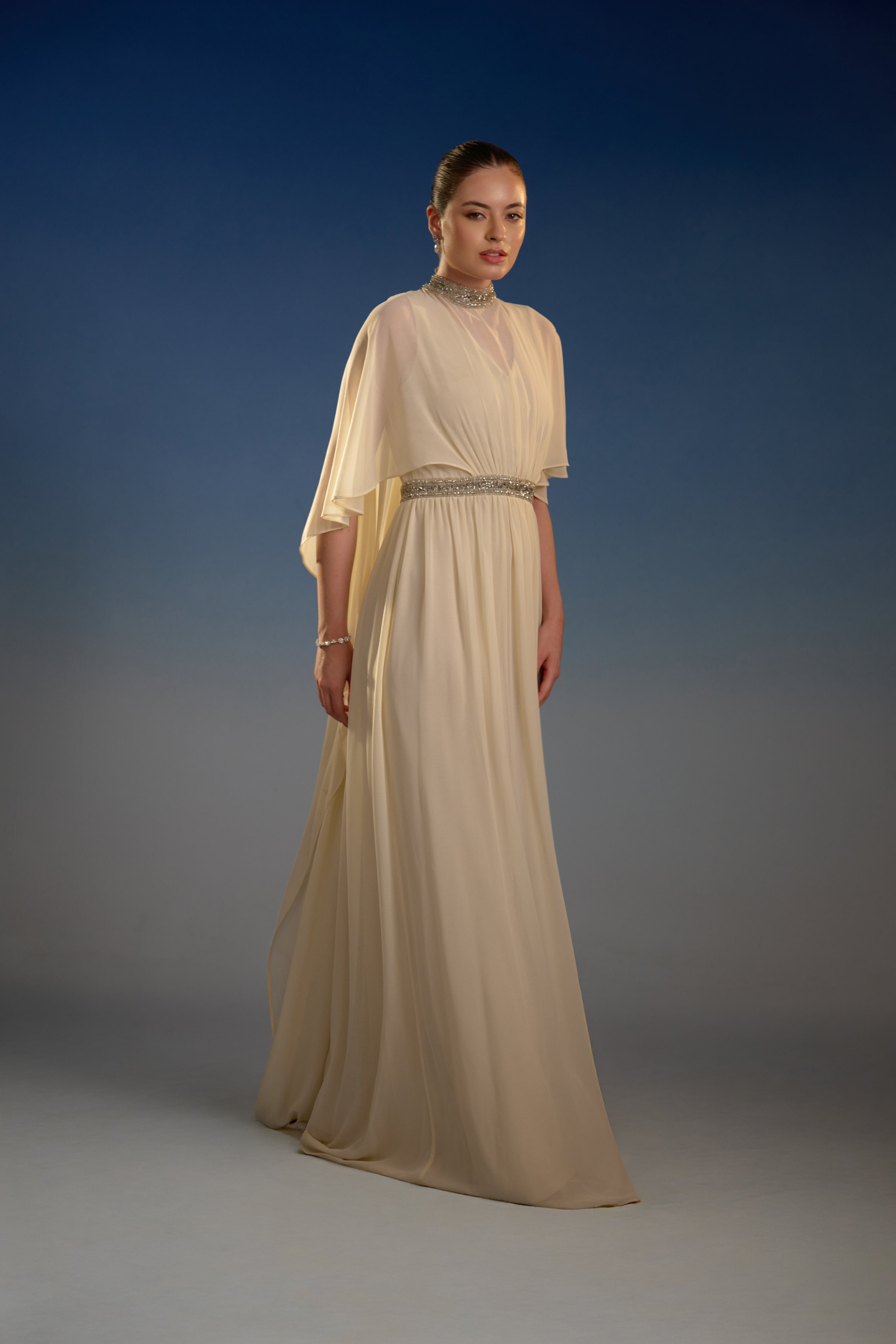 Ivory Embellished Cape Sleeve Maxi Dress