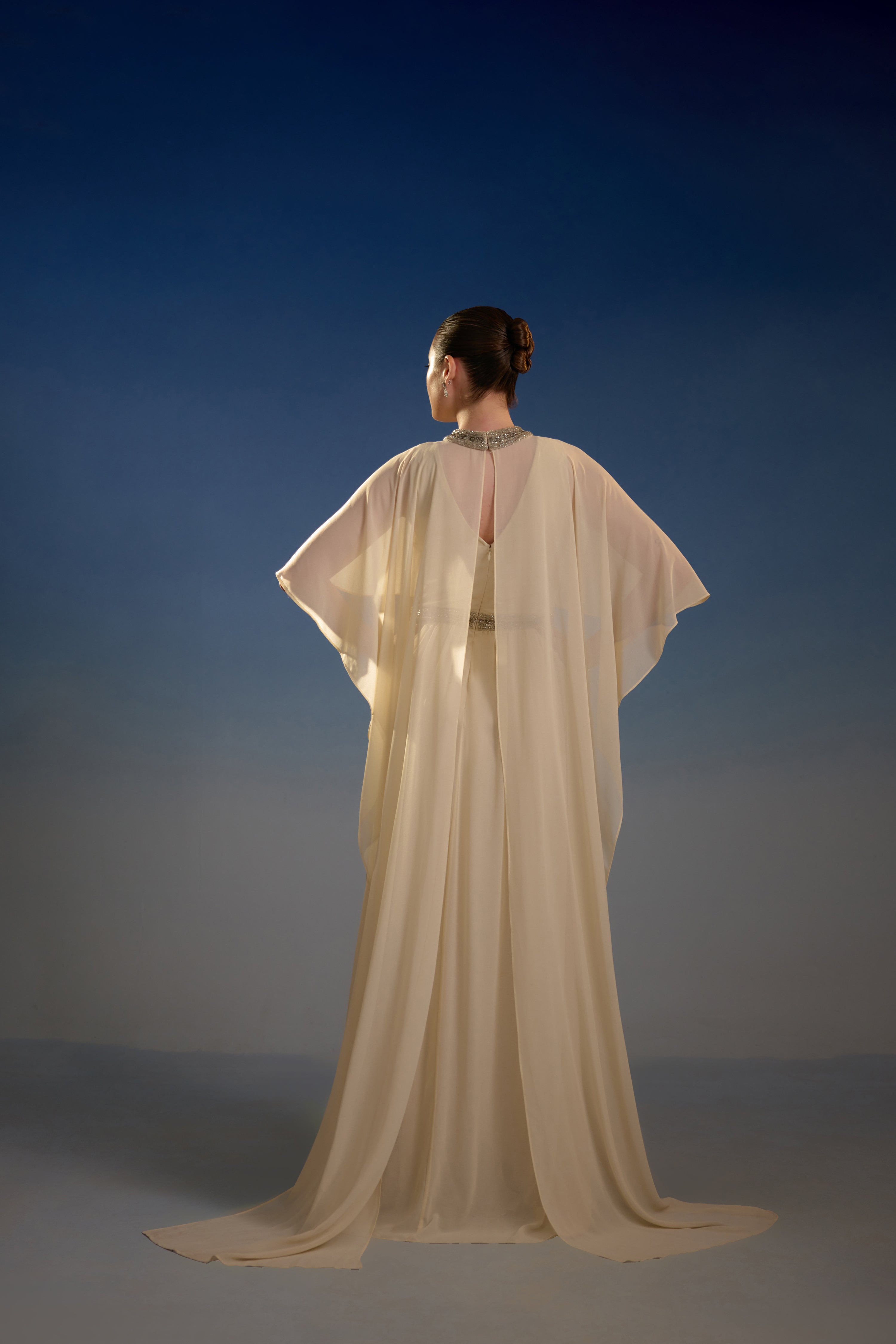 Ivory Embellished Cape Sleeve Maxi Dress