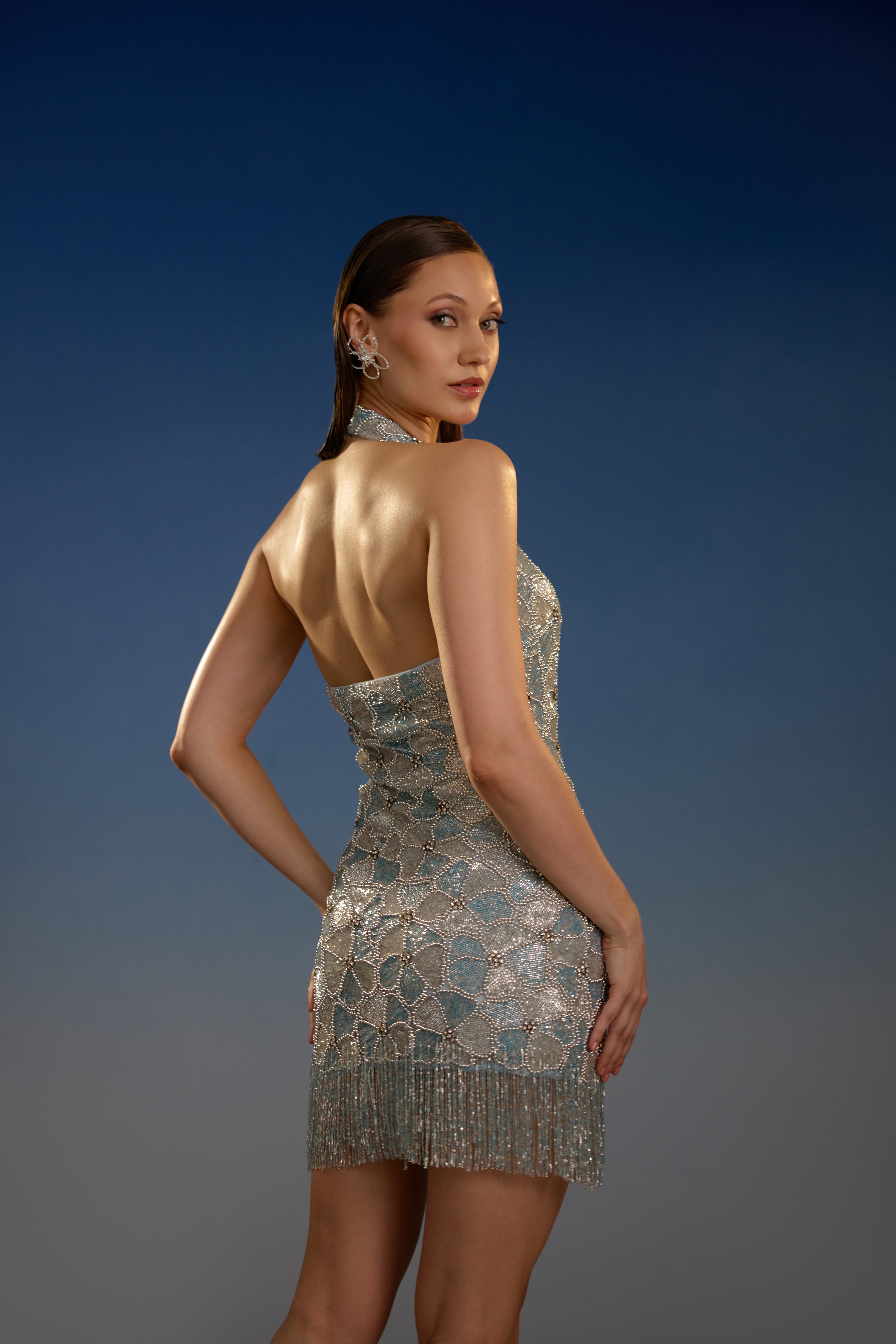 Ethereal Mosaic Halter Shimmer mini dress