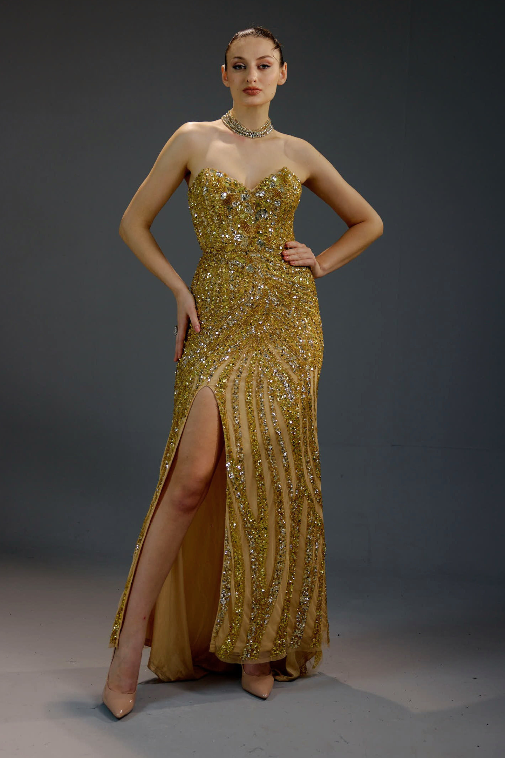 Golden slit gown