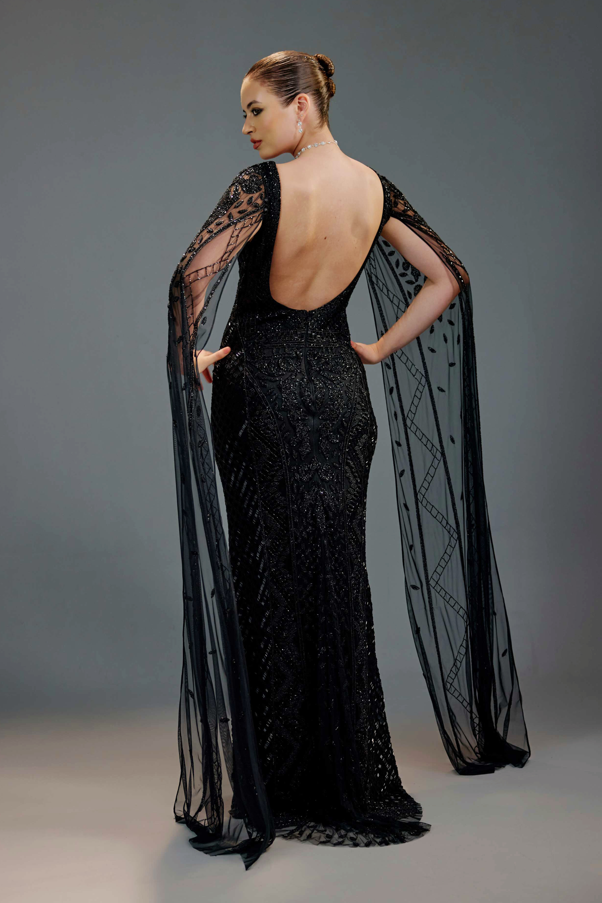 Black V-Neck Cape Sequin Maxi Dress