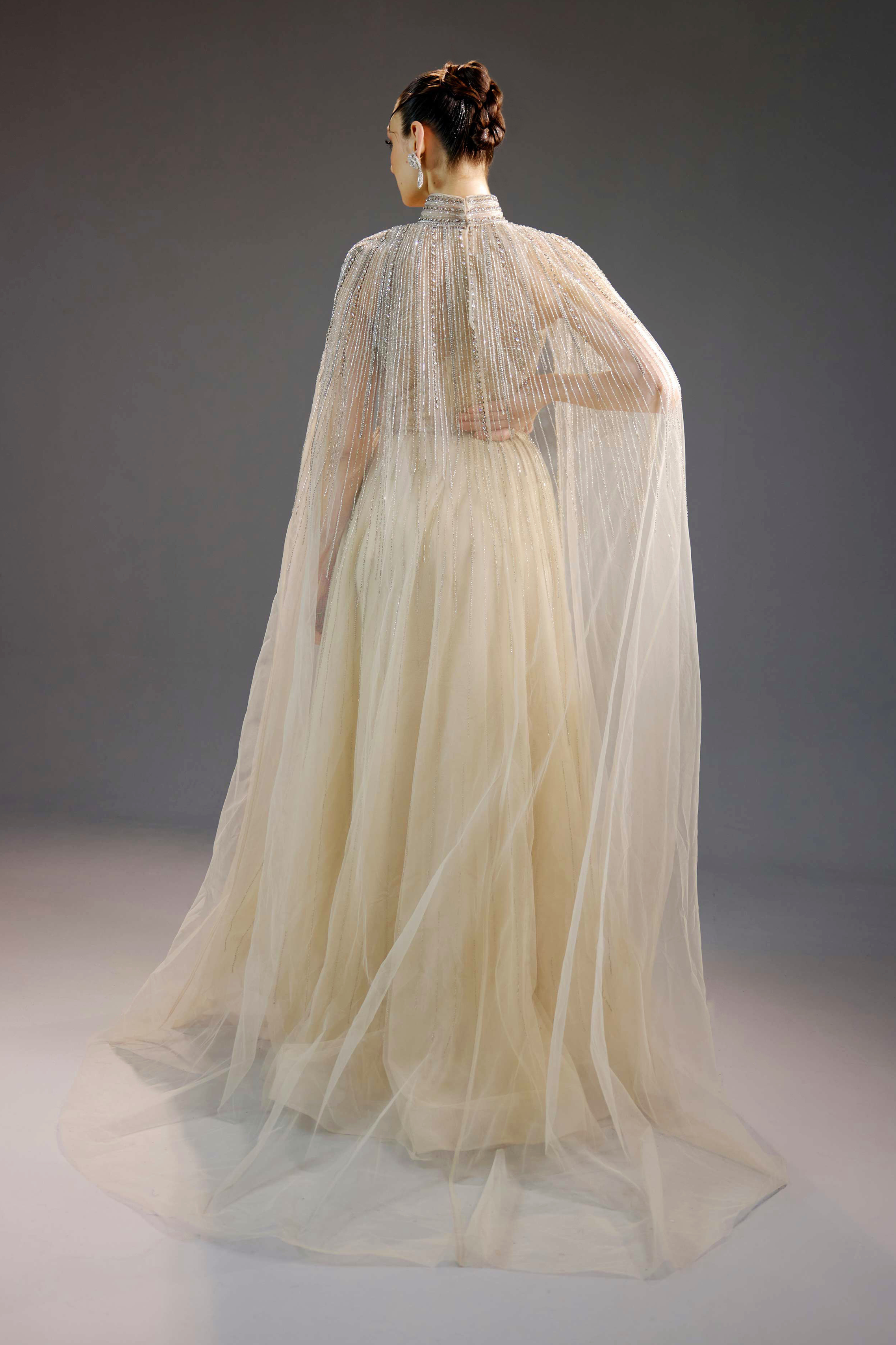Ivory Pearl Chain Draped High Neck Maxi Dress