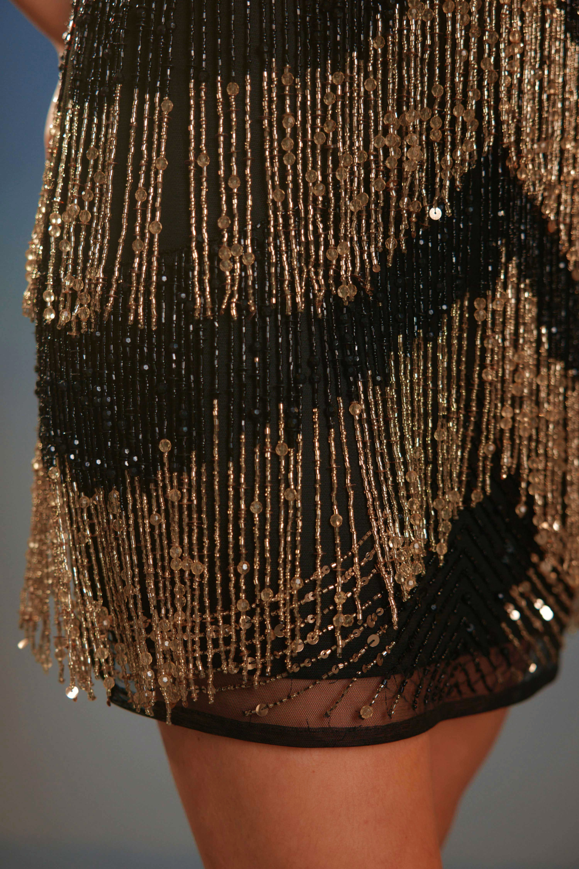 Black Gold Scallop Chain Mini Dress