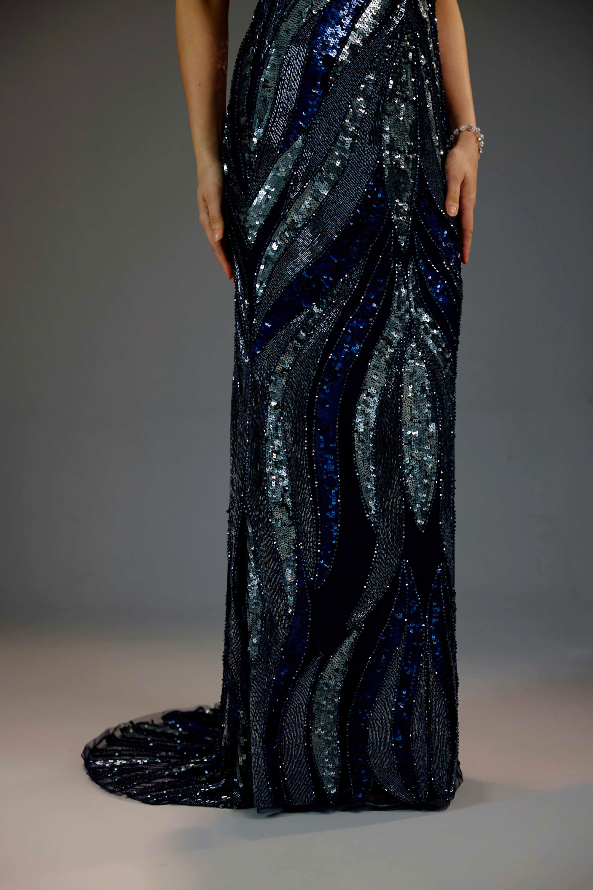 Midnight Blue Deep V Halter Sequin Maxi Dress