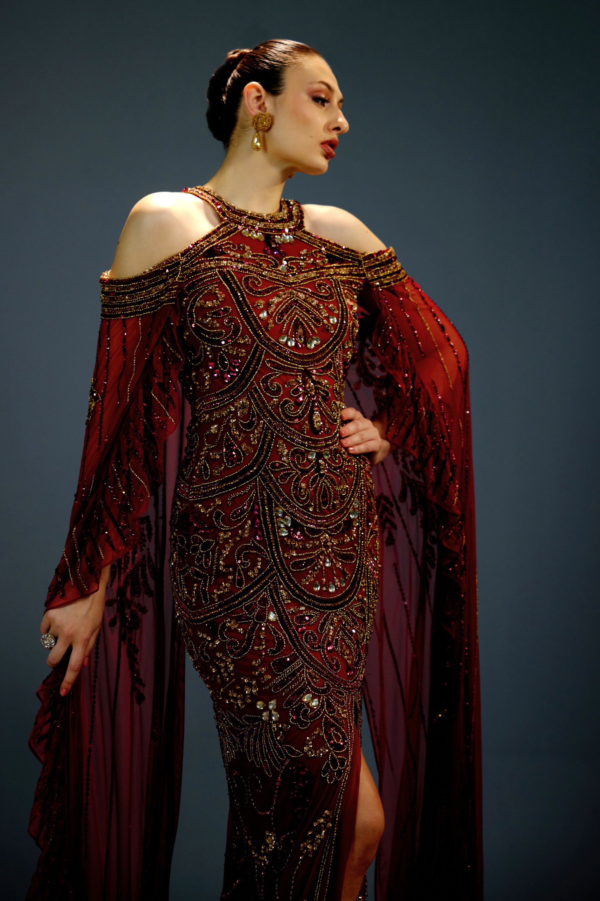 Majestic Scarlet Cape Gown