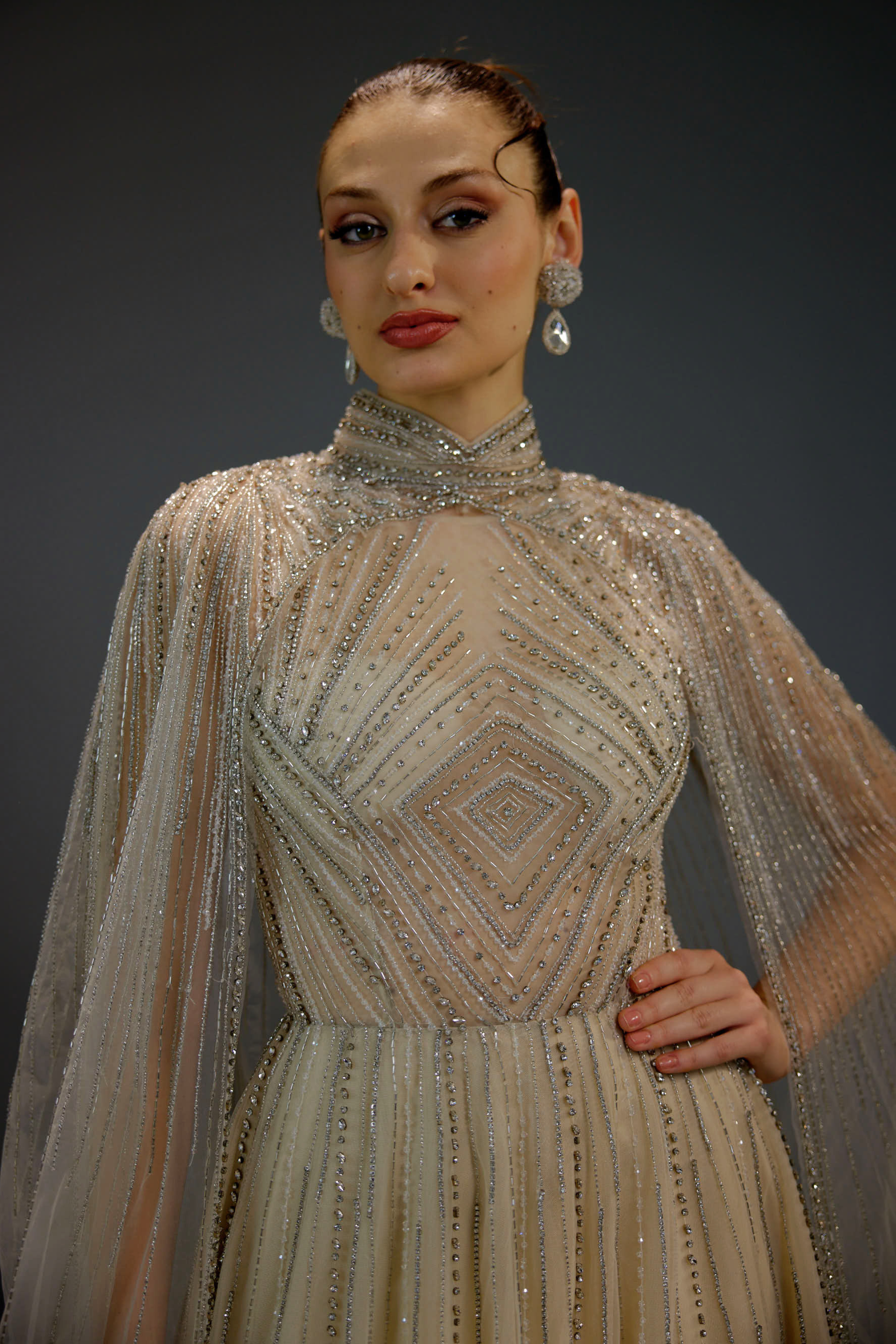 Ivory Pearl Chain Draped High Neck Maxi Dress