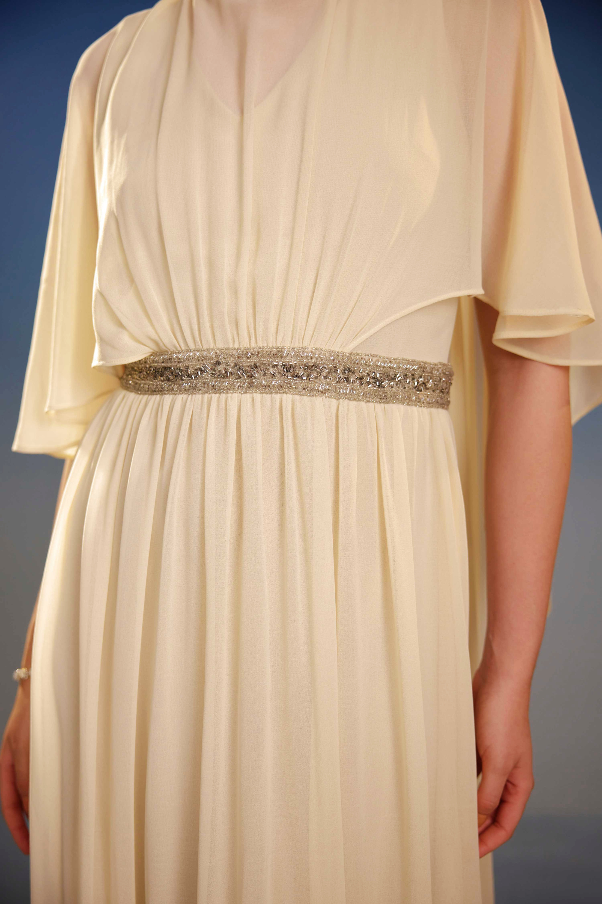 Ivory Embellished Cape Sleeve Maxi Dress
