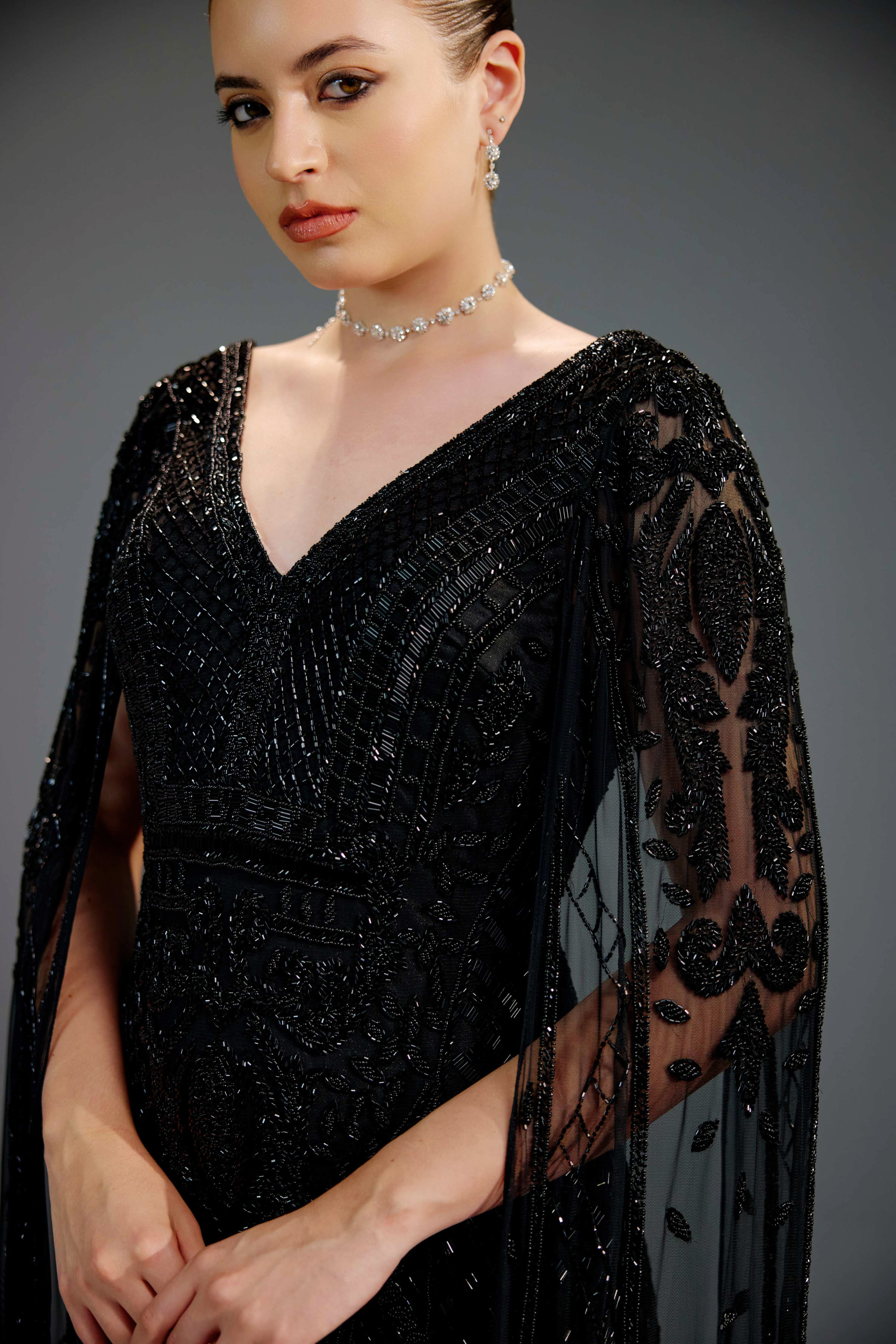Black V-Neck Cape Sequin Maxi Dress