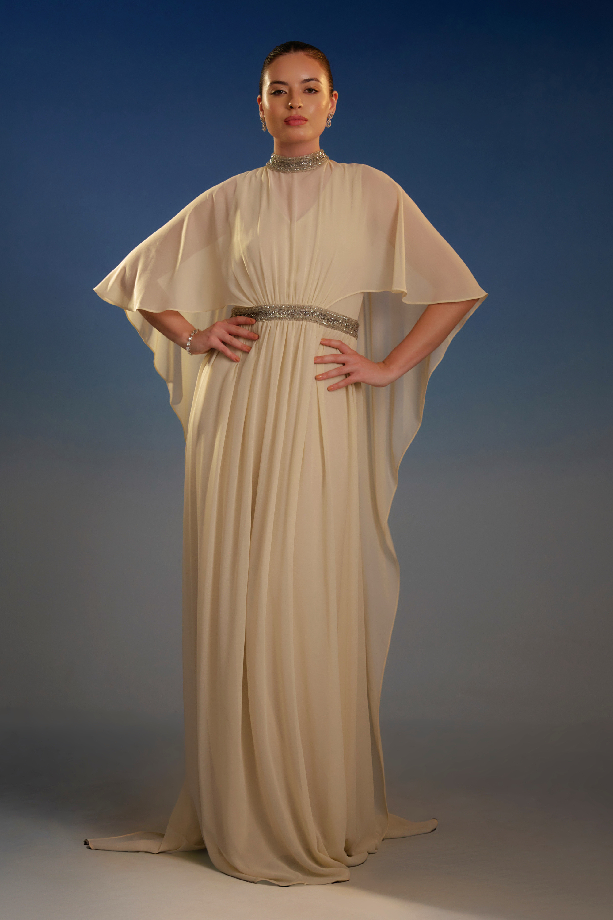 Ivory Embellished Cape Sleeve Maxi Dress