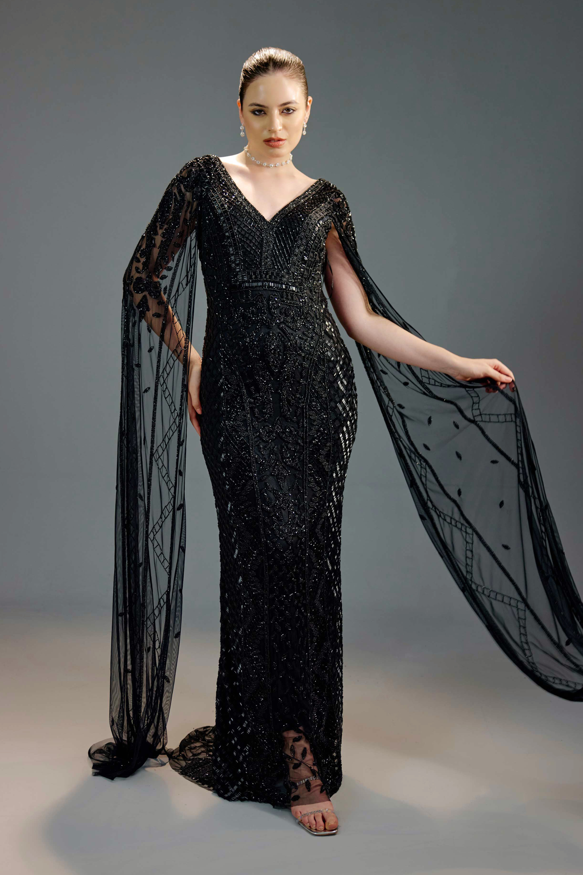Black V-Neck Cape Sequin Maxi Dress