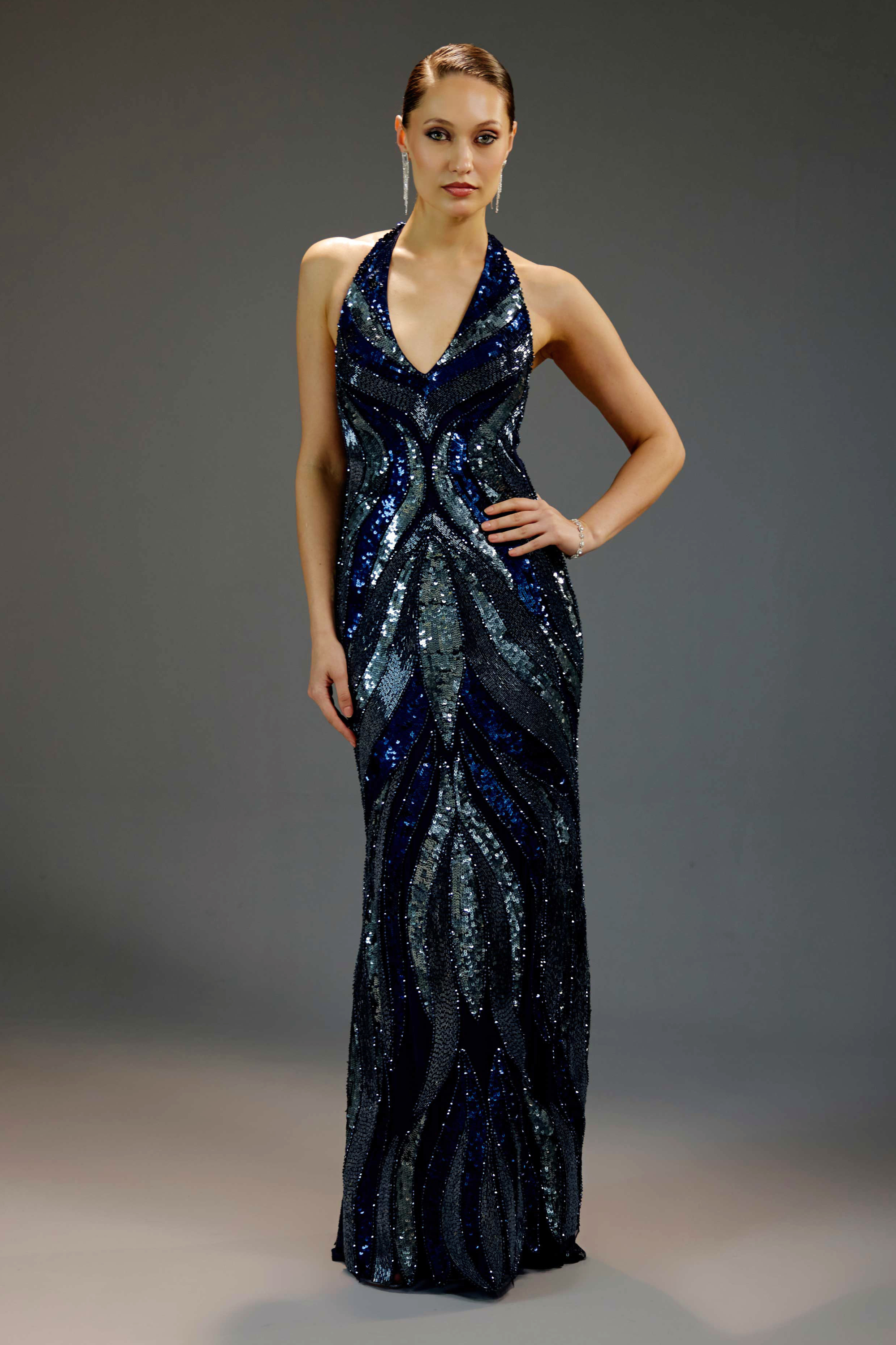 Midnight Blue Deep V Halter Sequin Maxi Dress