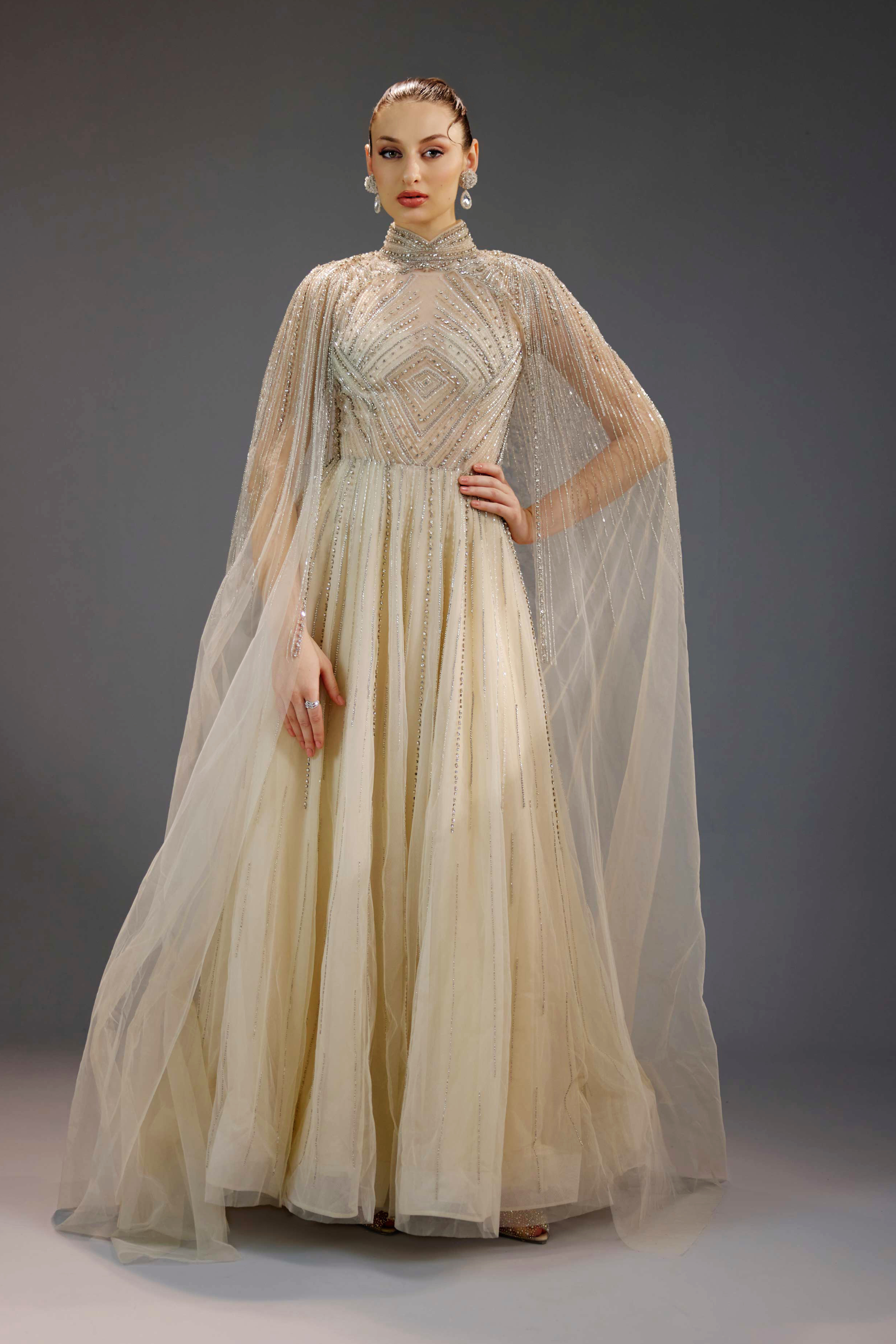 Ivory Pearl Chain Draped High Neck Maxi Dress