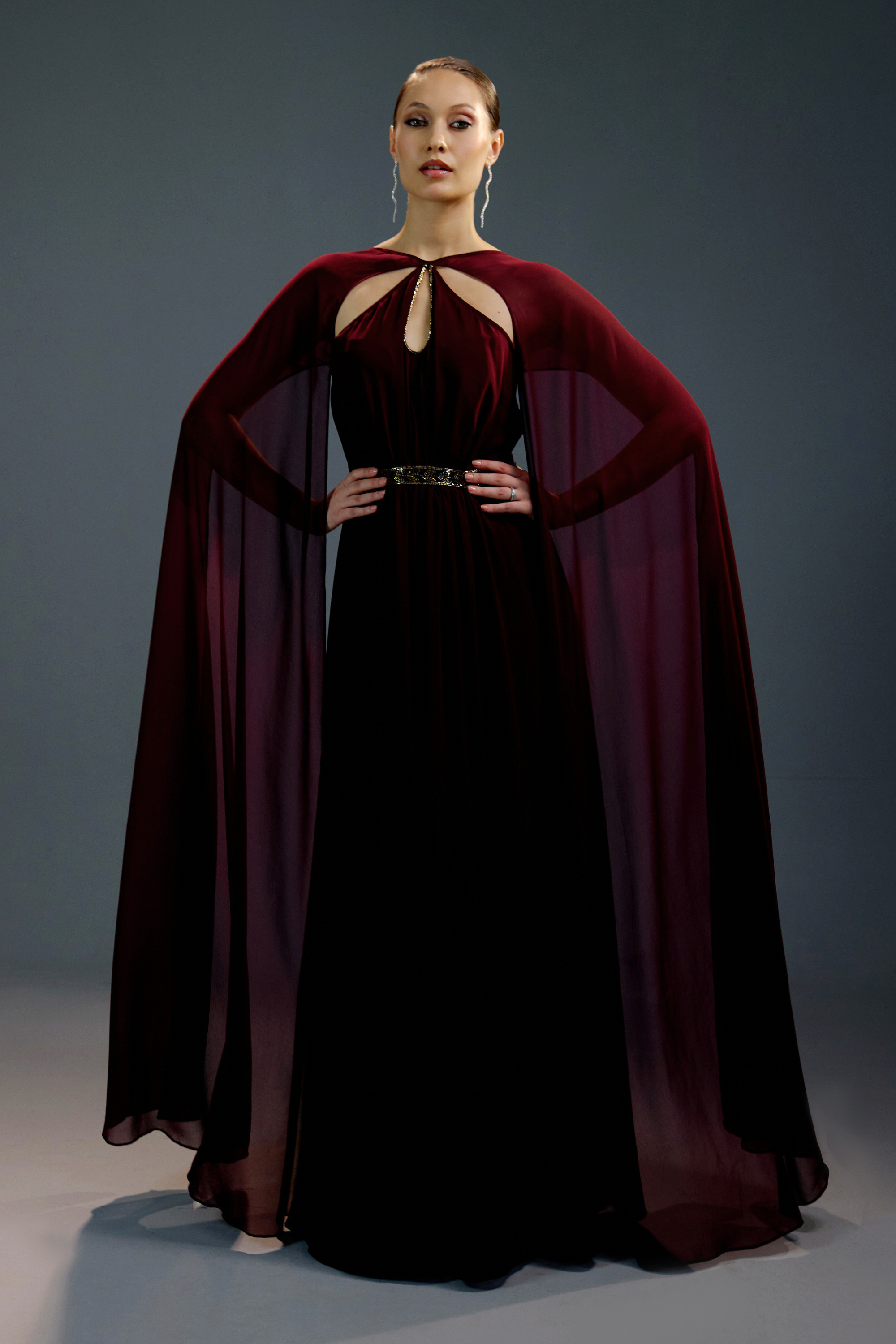 Crimson Velvet Royal Cape Gown