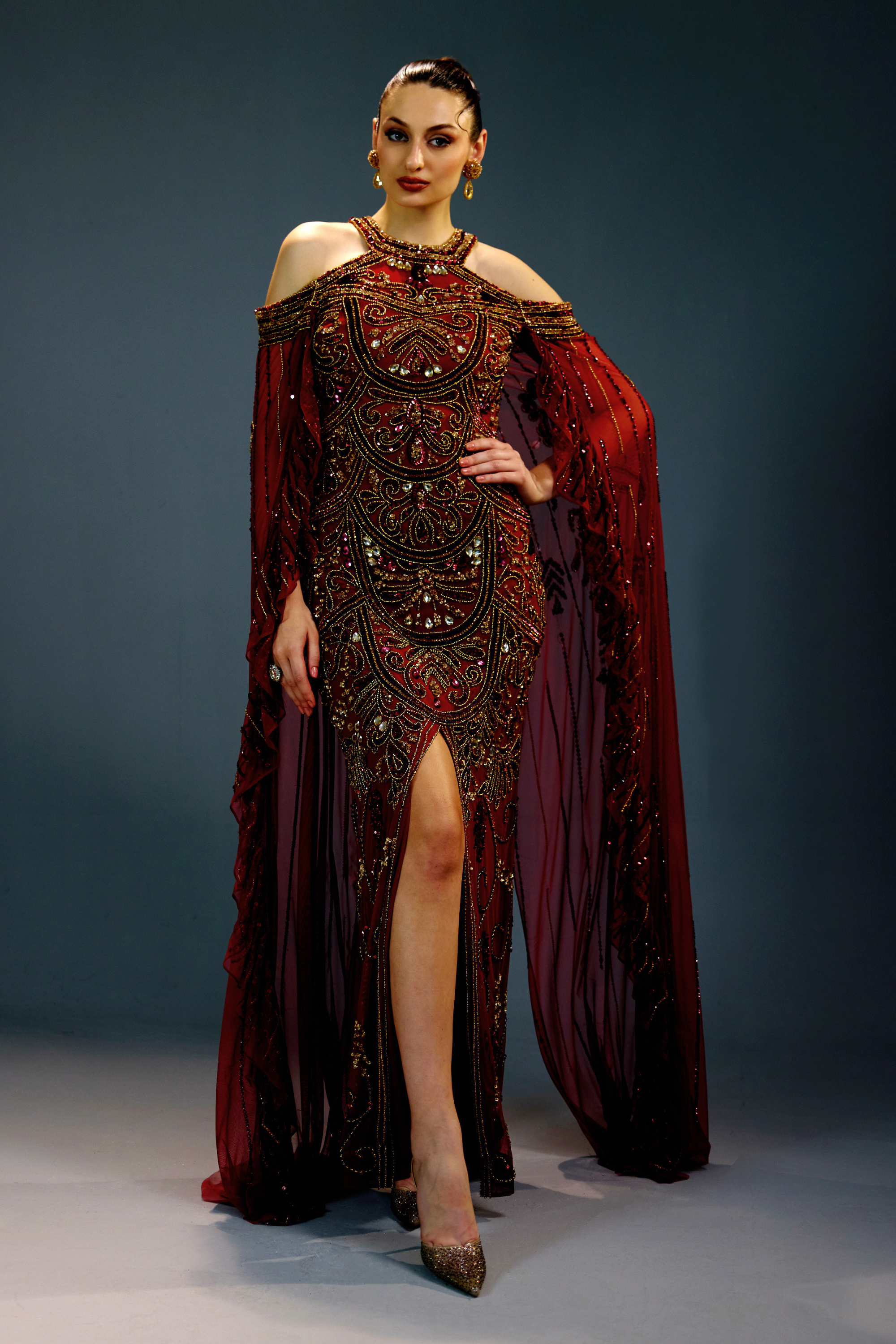 Majestic Scarlet Cape Gown