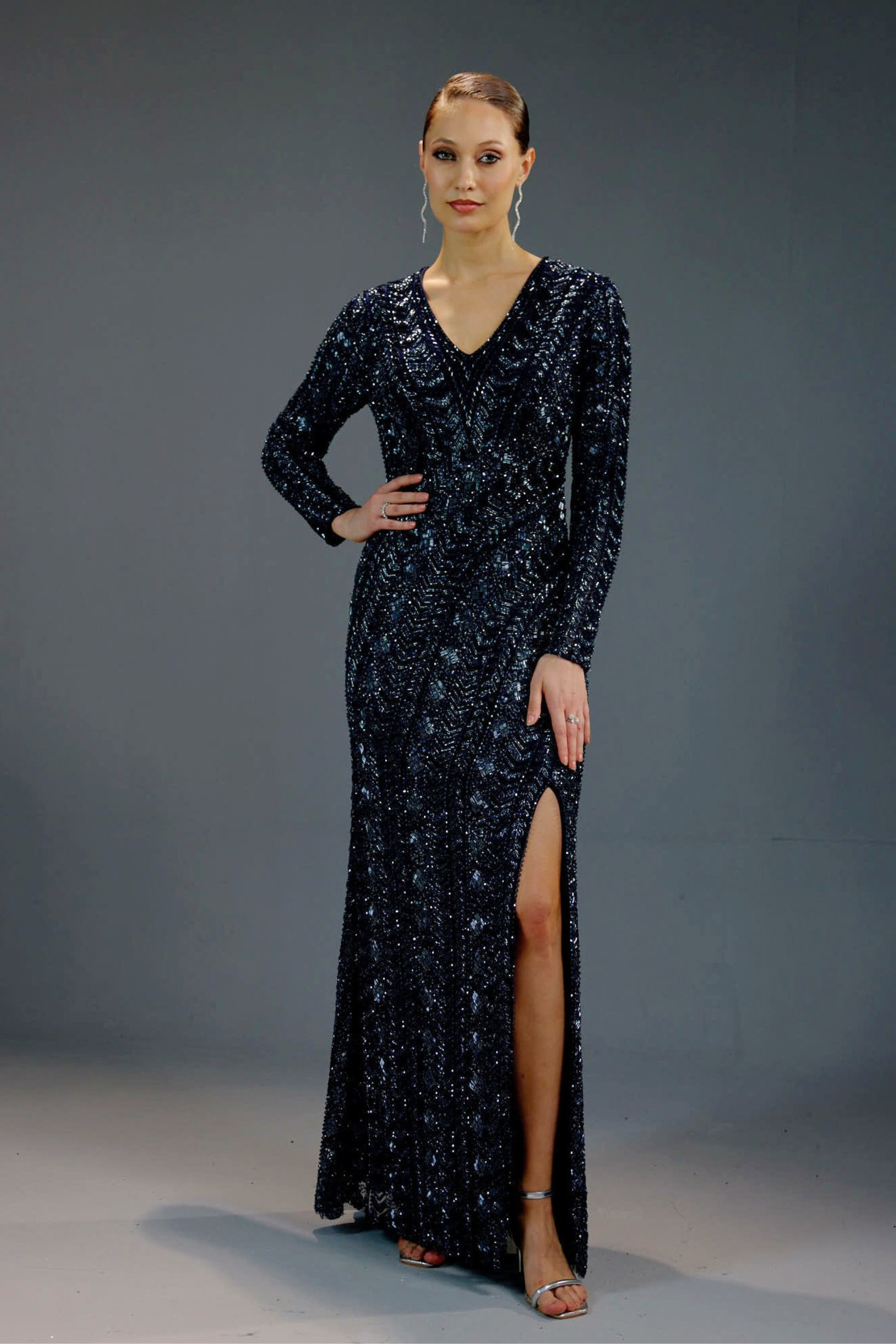 Navy Blue V-Neck Wrap Maxi Dress