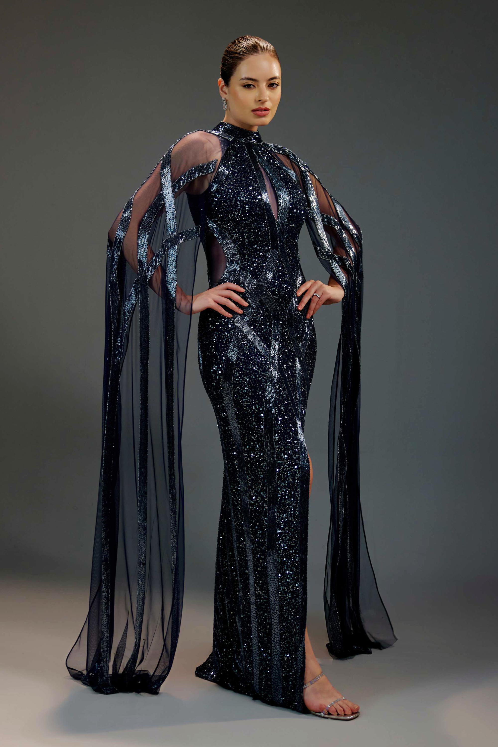 Midnight Blue Cape Sequin Maxi Dress