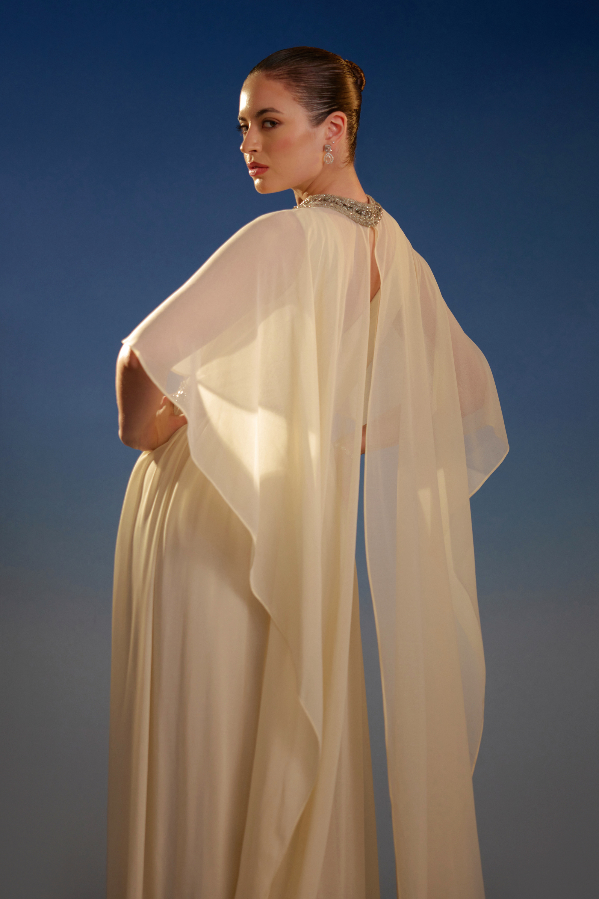 Ivory Embellished Cape Sleeve Maxi Dress