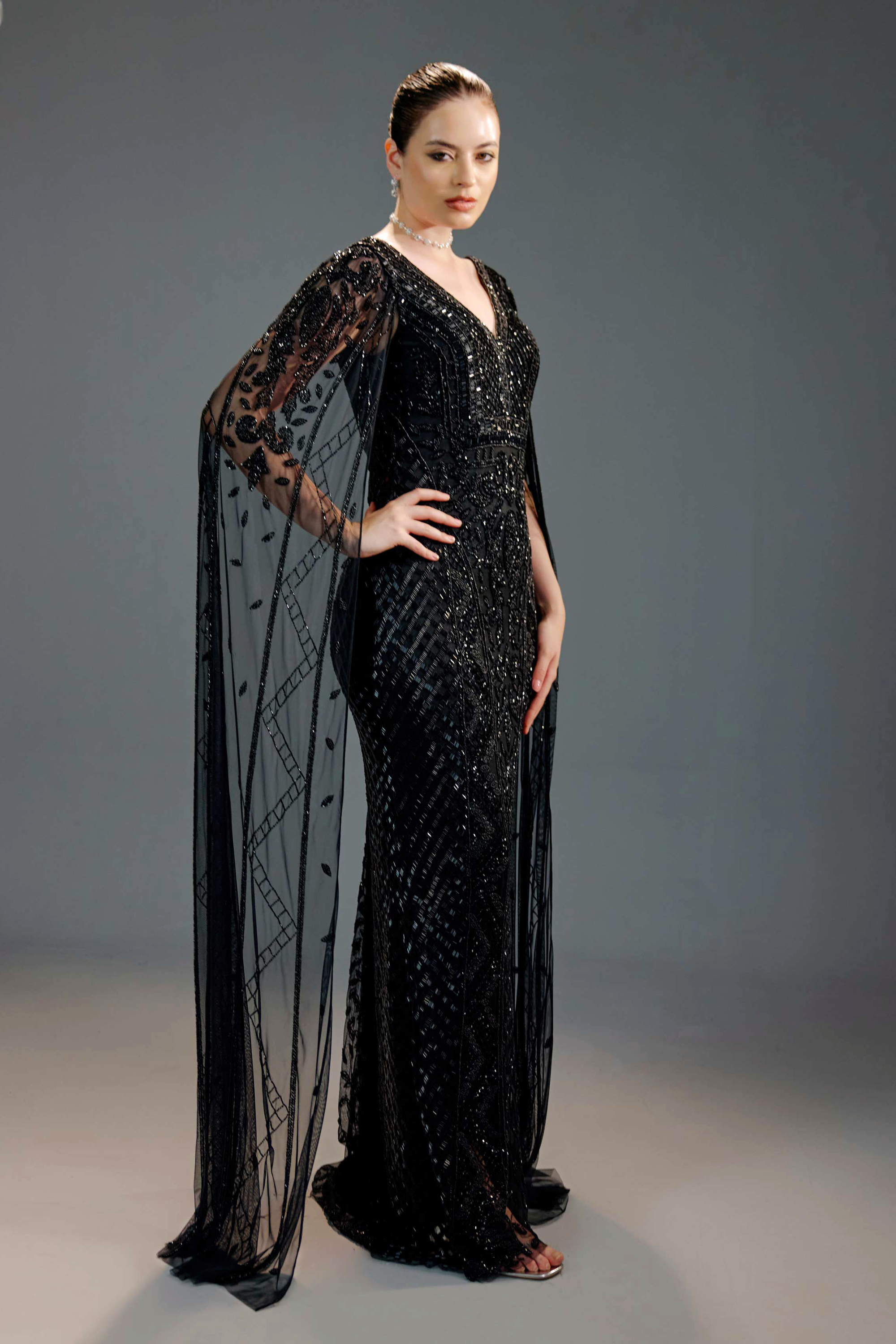 Black V-Neck Cape Sequin Maxi Dress