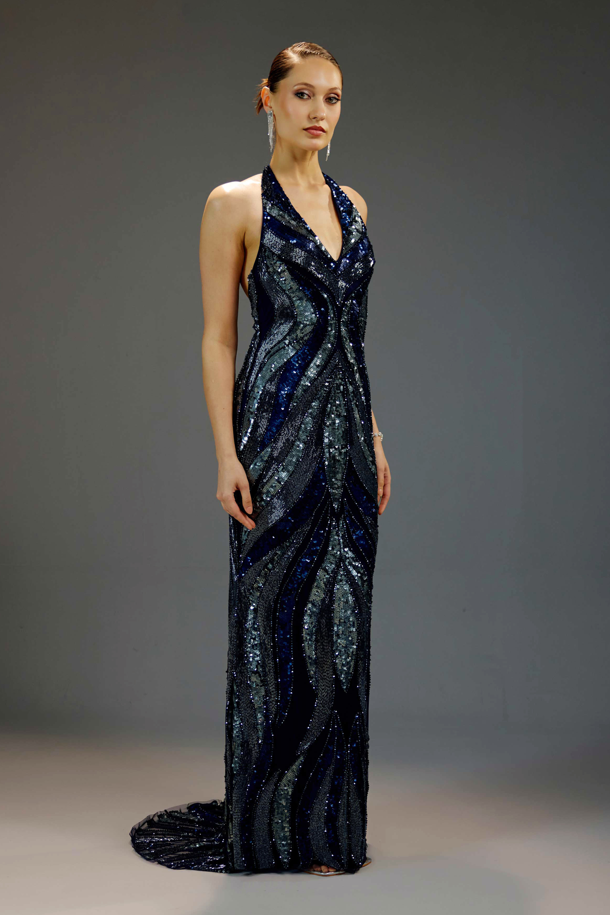 Midnight Blue Deep V Halter Sequin Maxi Dress