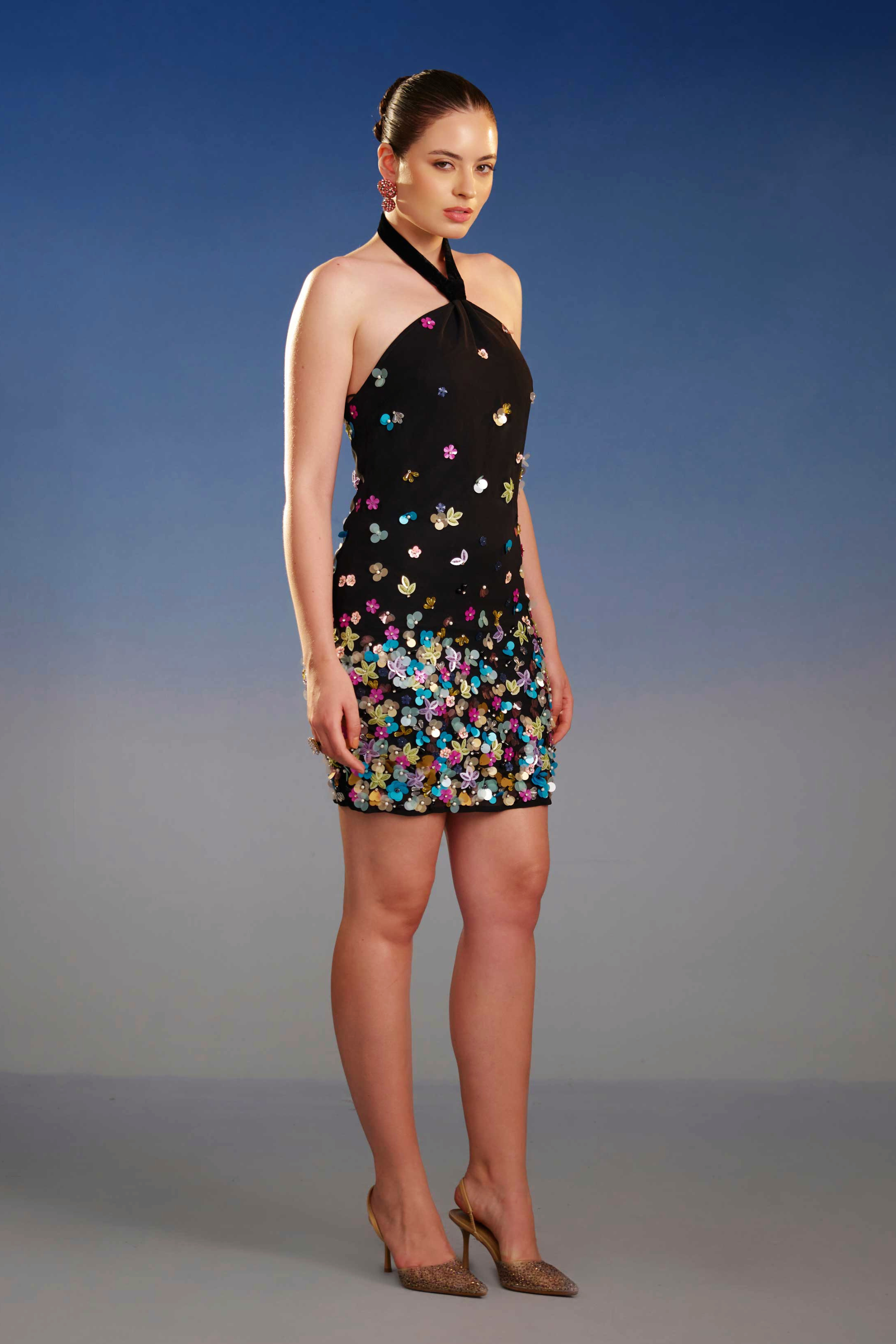 Black Sequin Halter Mini Dress