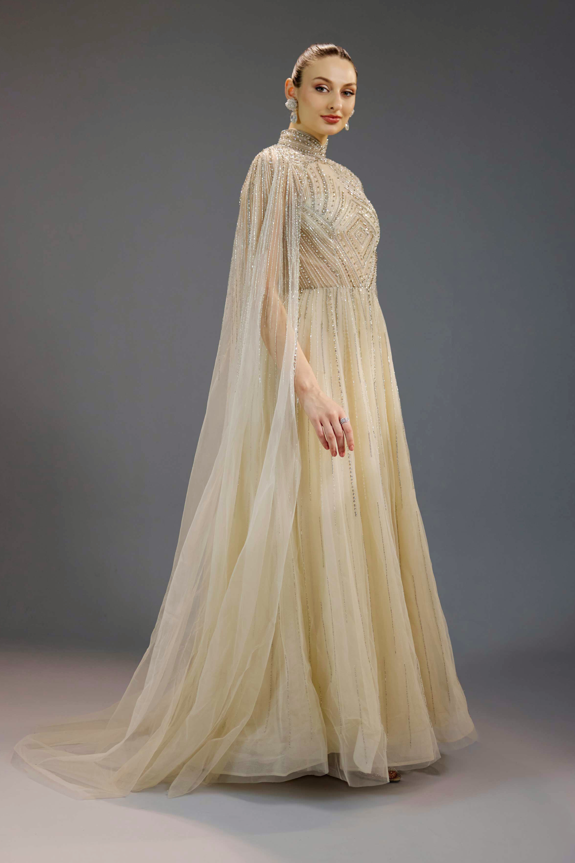 Ivory Pearl Chain Draped High Neck Maxi Dress