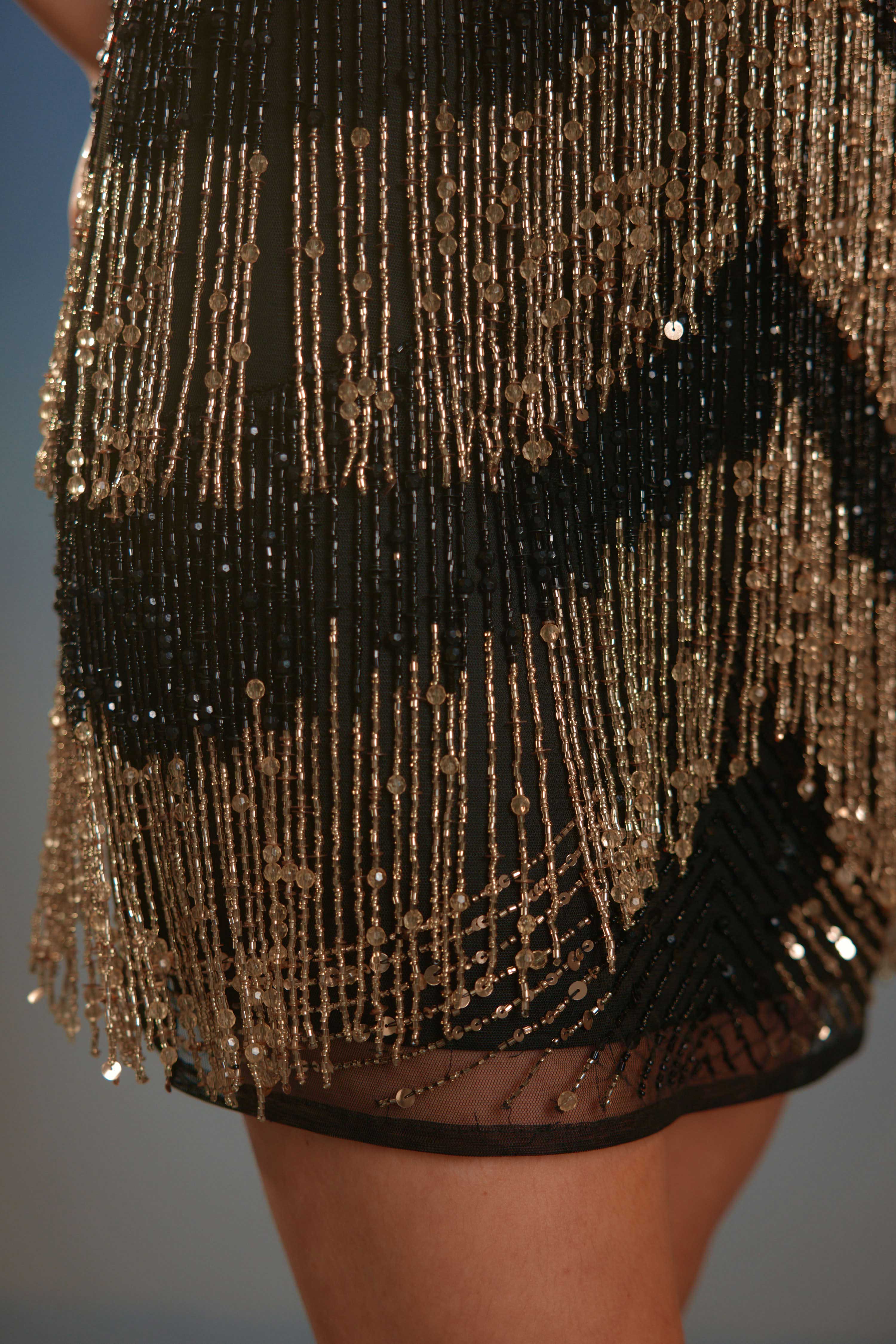 Black Gold Scallop Chain Mini Dress