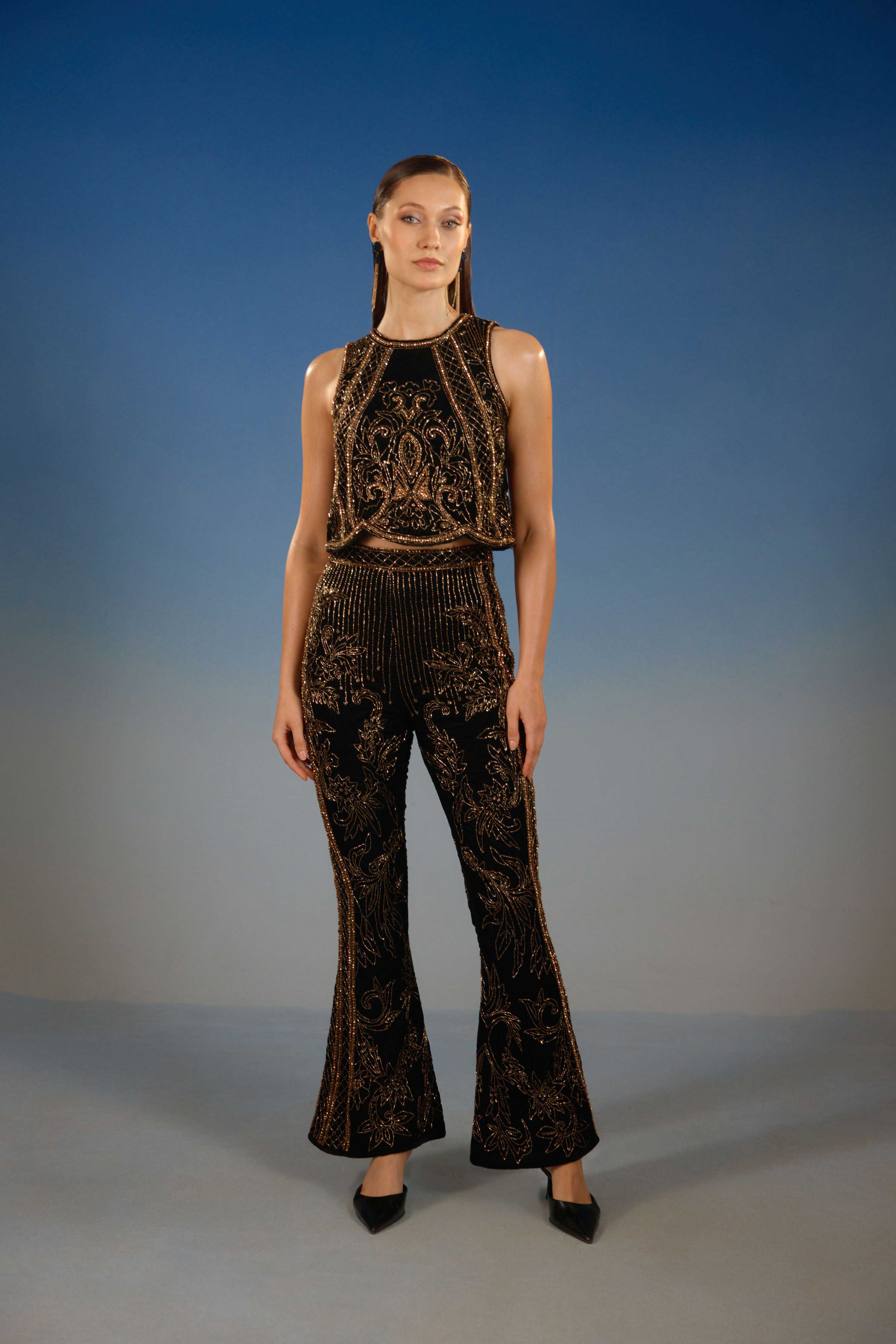 Gold Sequin Halter Two Piece Set