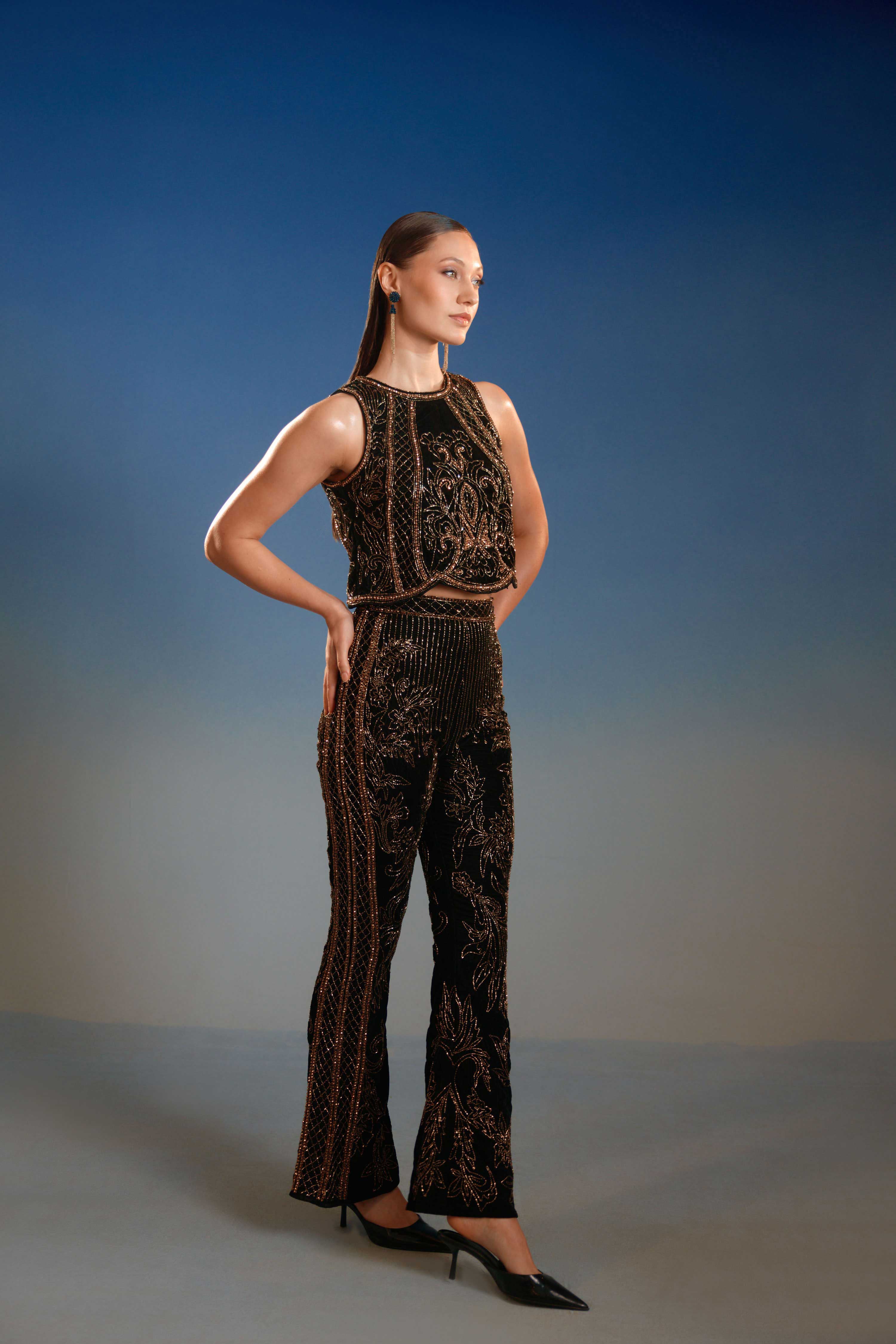 Gold Sequin Halter Two Piece Set
