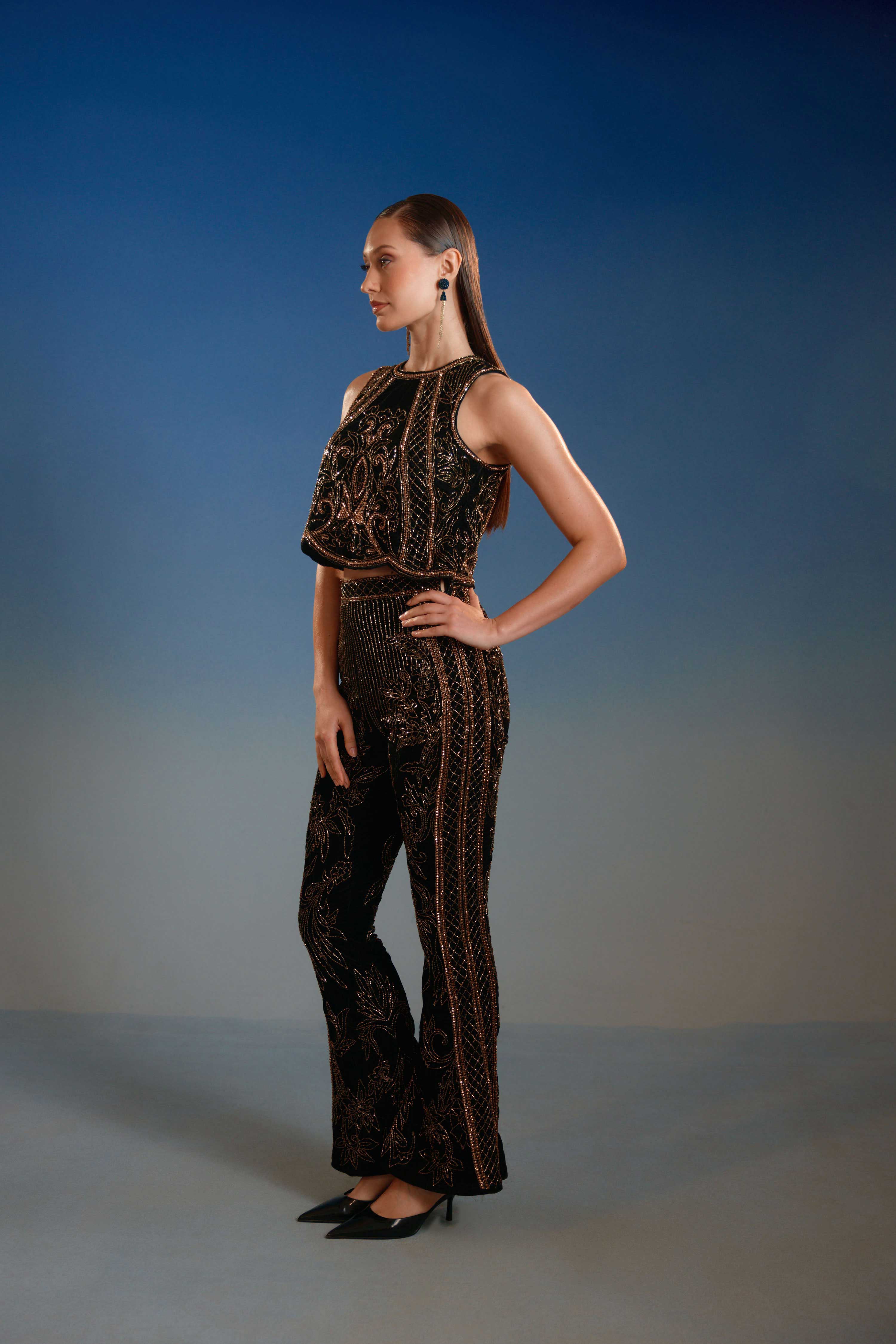 Gold Sequin Halter Two Piece Set