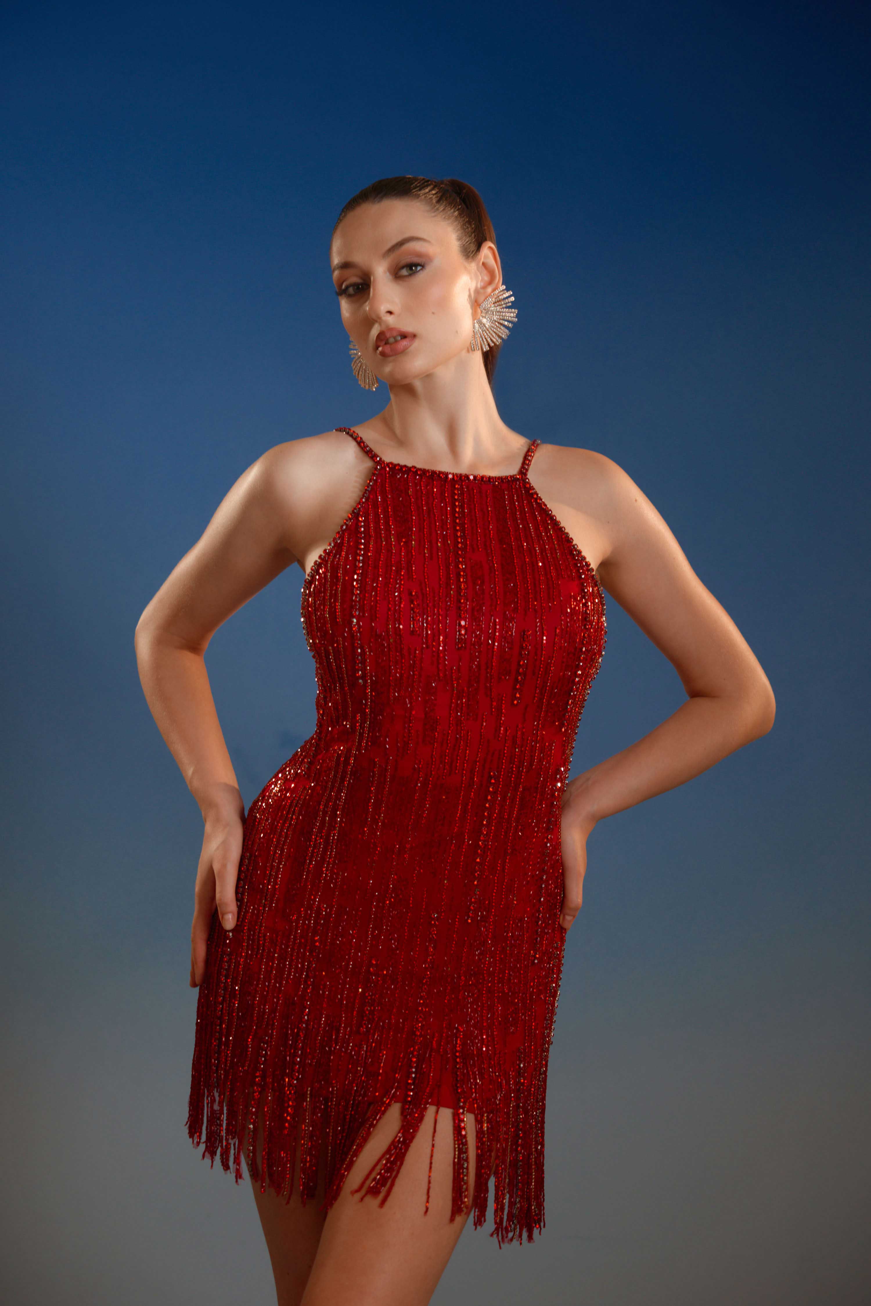 Red Halter Neck Sequin Mini Dress