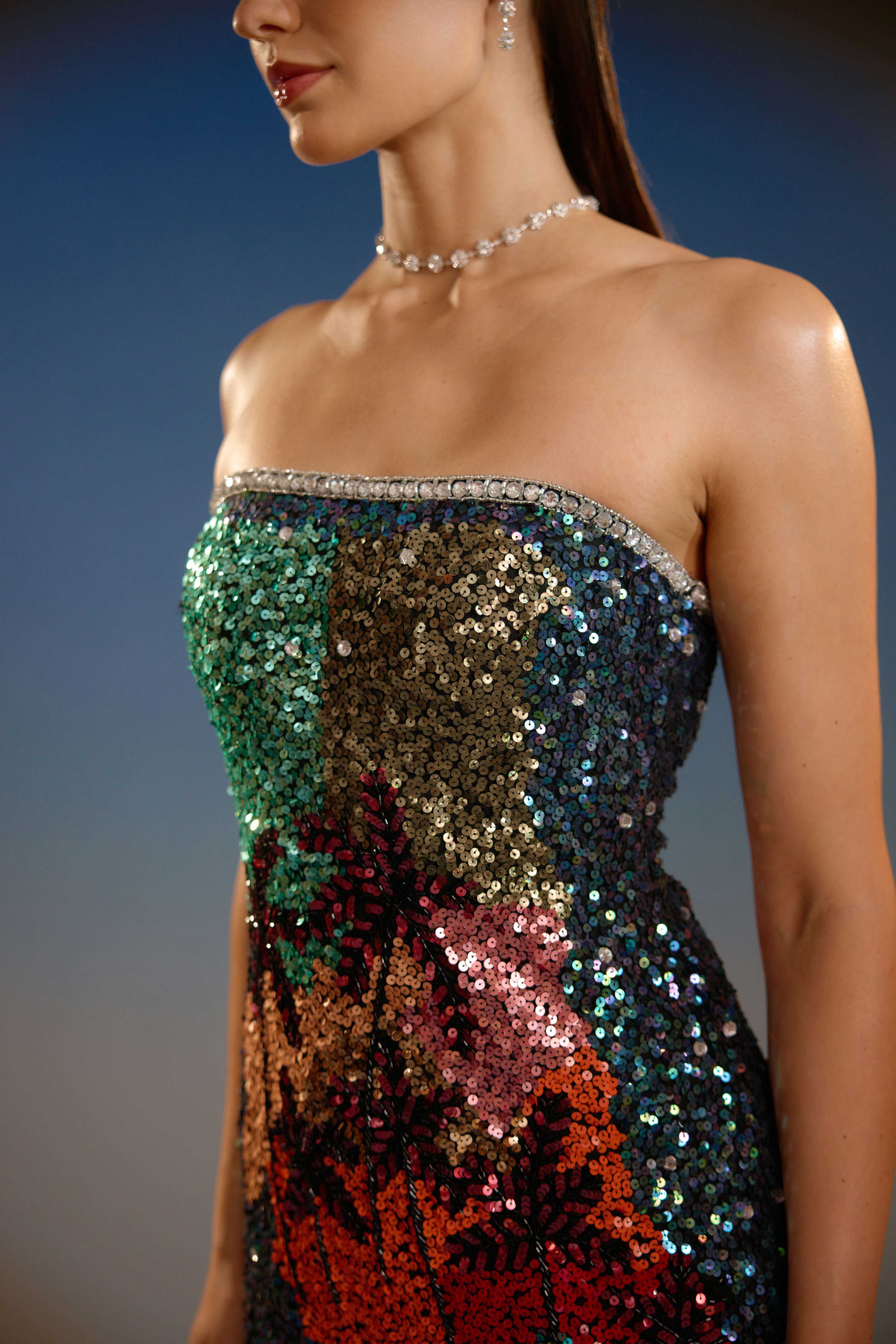 Tropical Palm Strapless Sequin Mini Dress