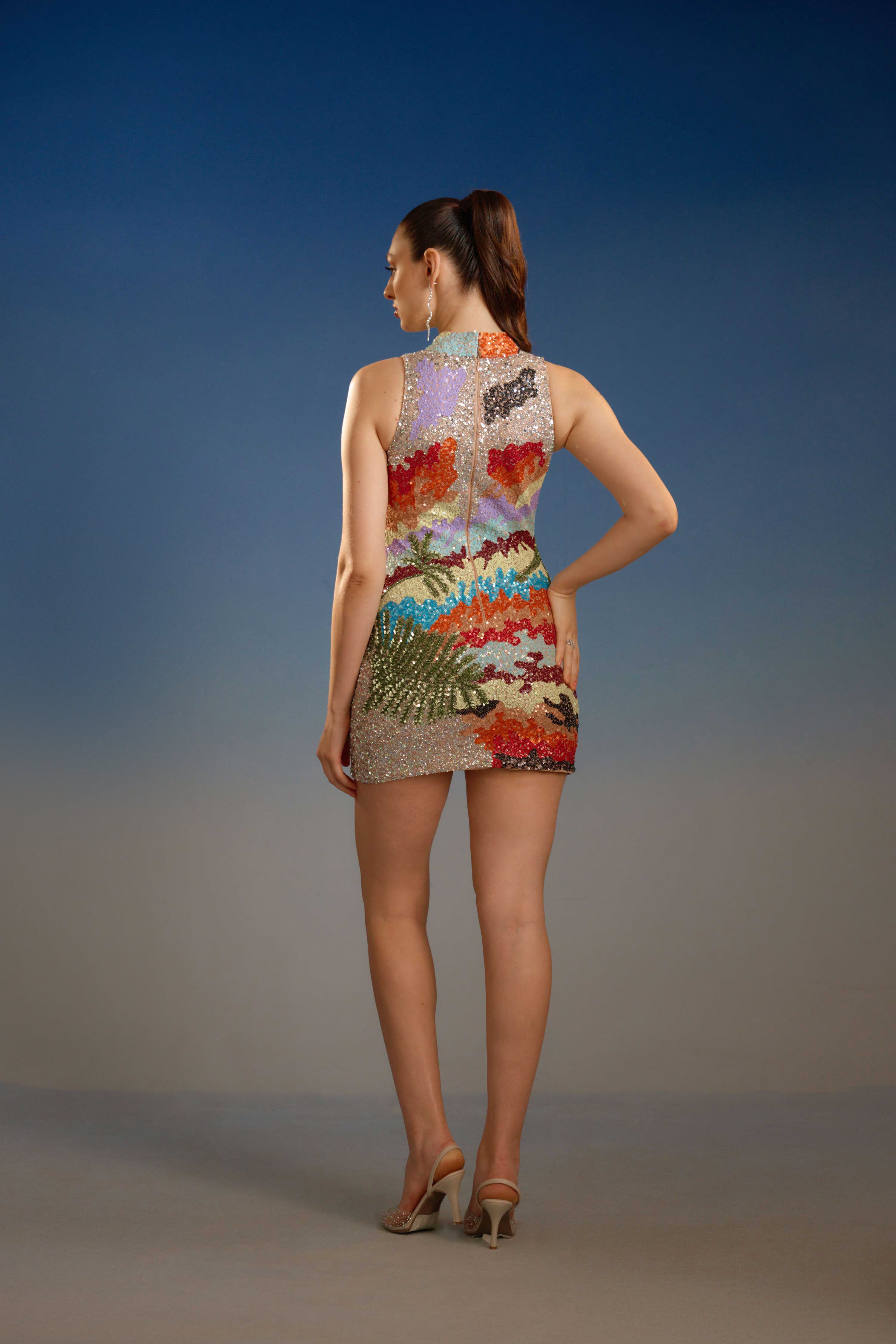 Multicolour Sequin Halter Neck Mini Dress