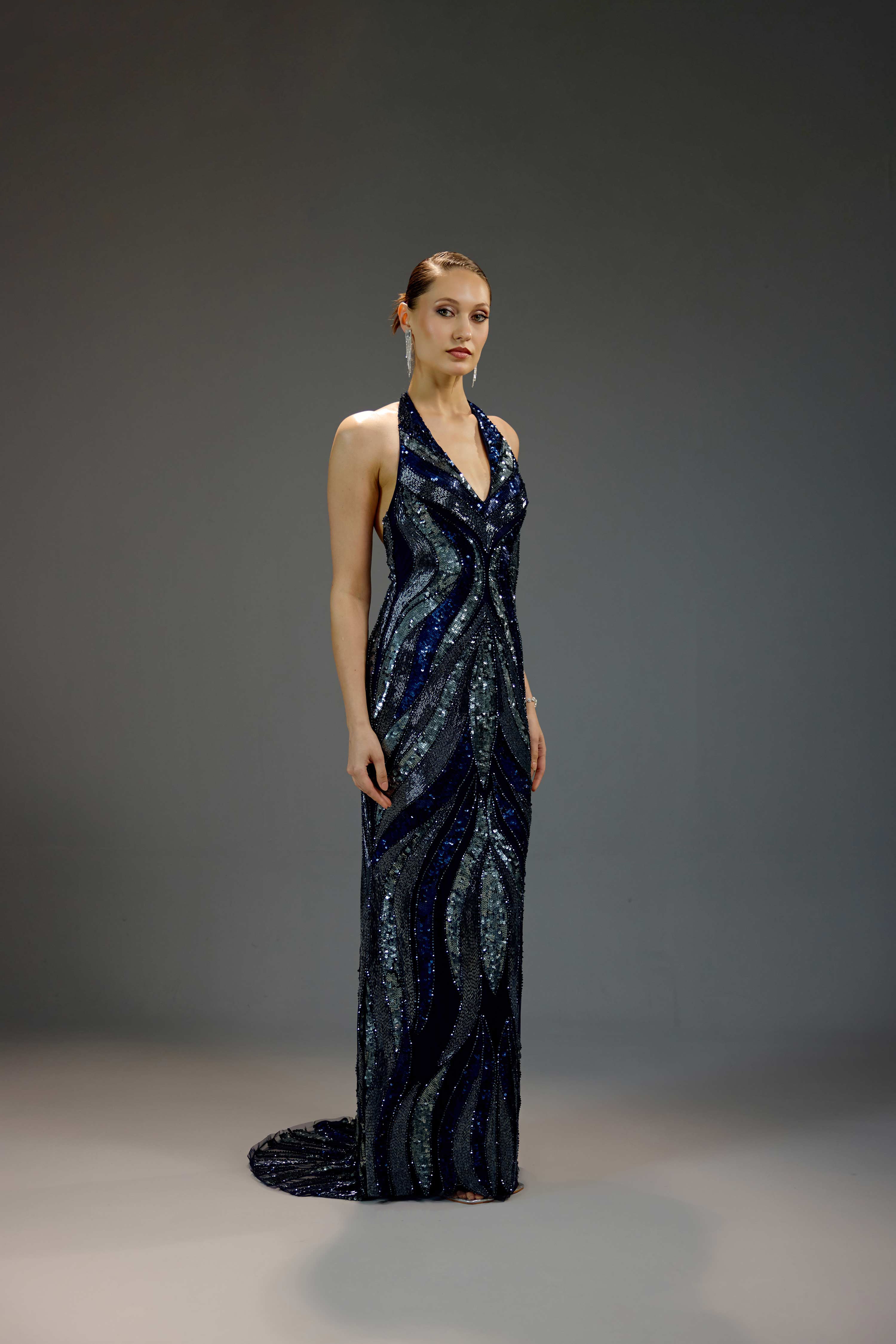 Midnight Blue Deep V Halter Sequin Maxi Dress