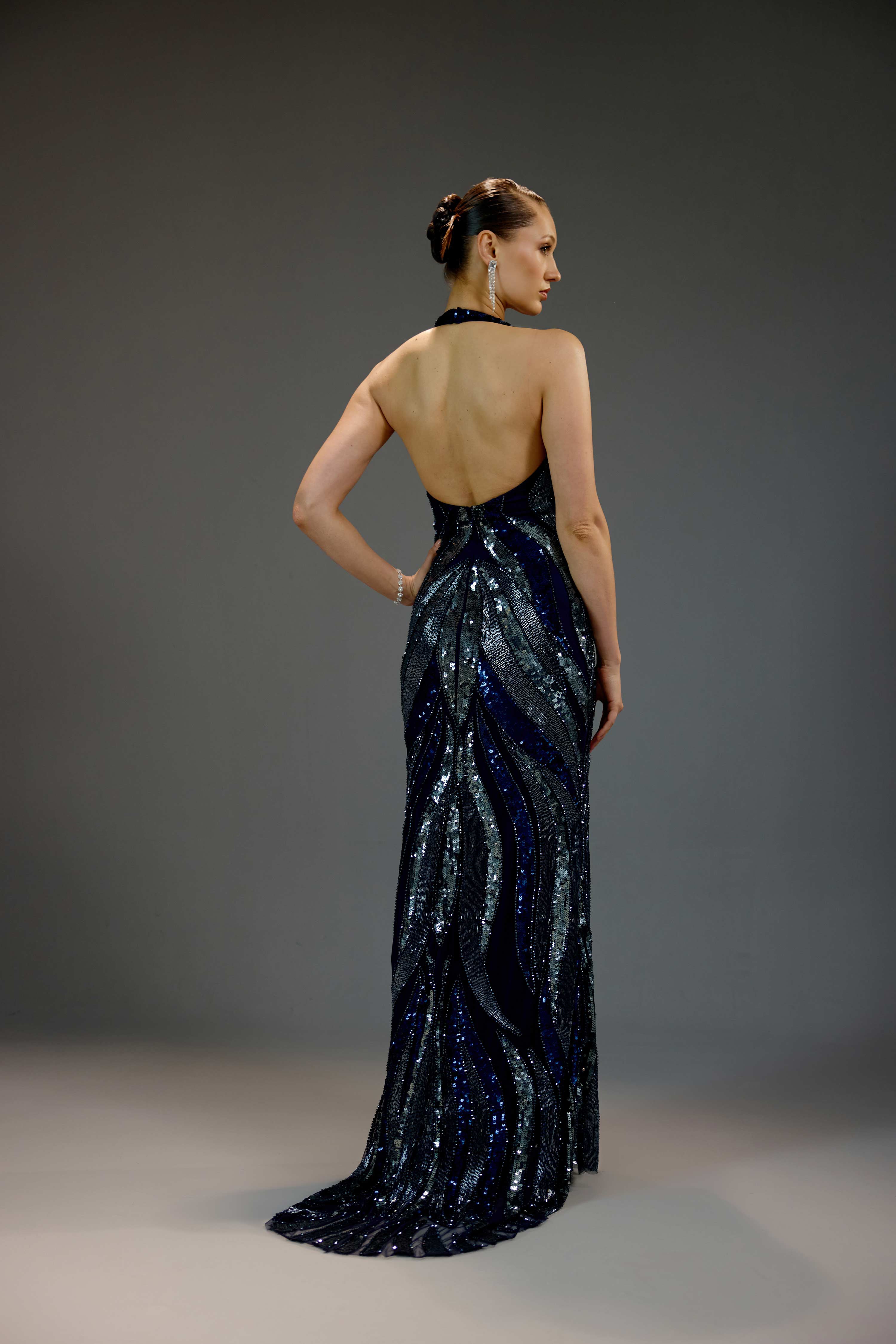 Midnight Blue Deep V Halter Sequin Maxi Dress